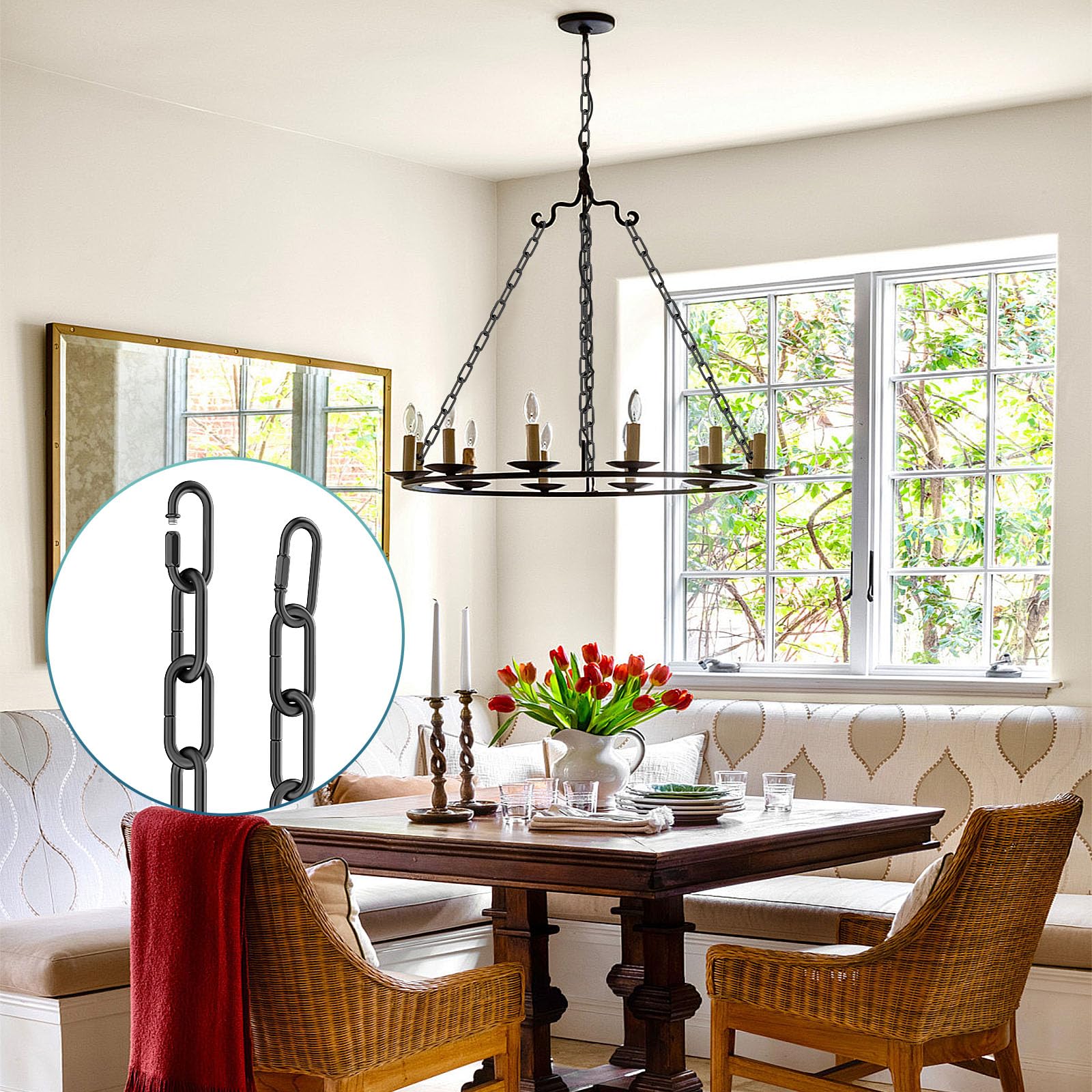 Garini 6 Feet Industrial Black Light Fixture Chain, Adjustable Metal Pendant Chandelier Chain Extension With Detachable Link, 3