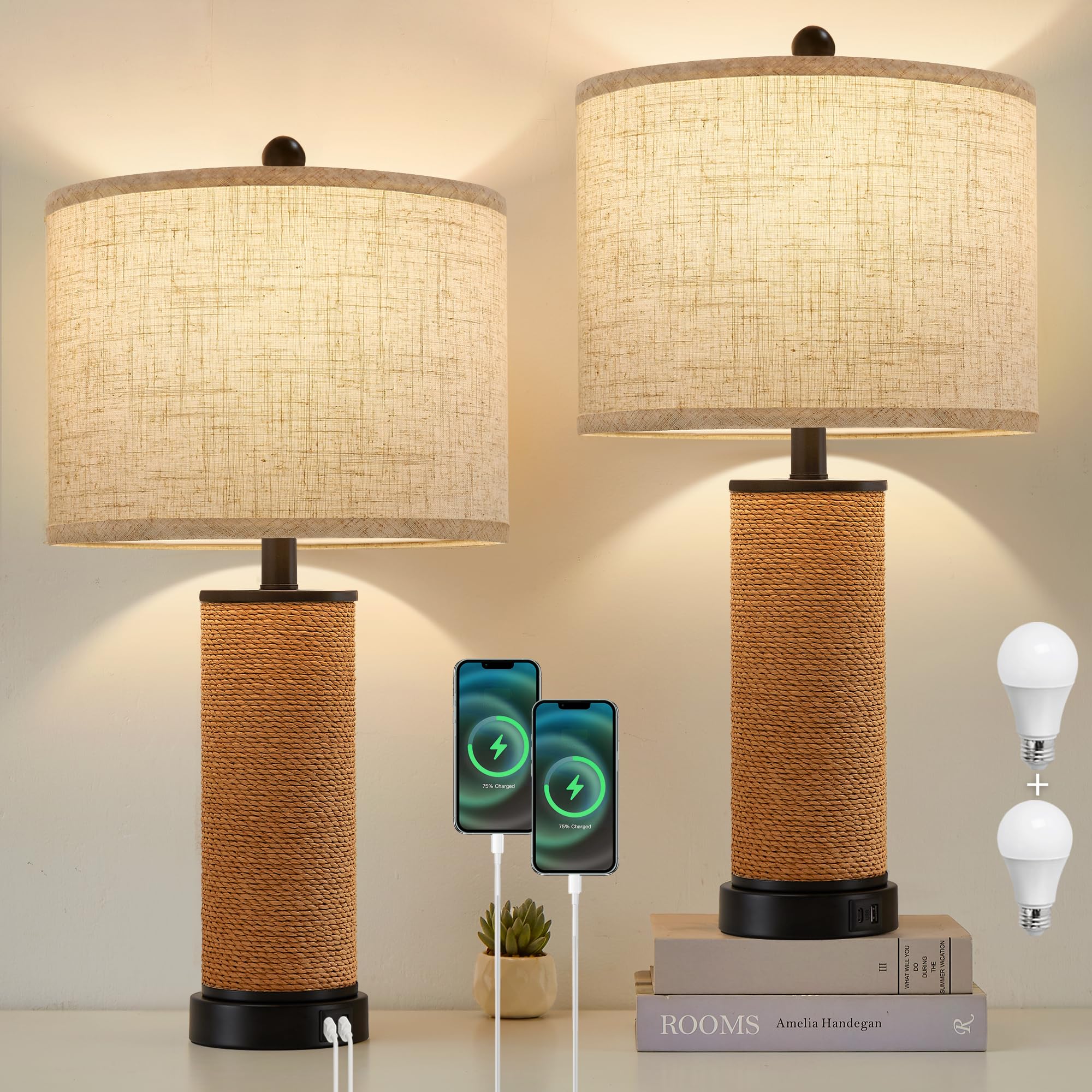 Set of 2 Rattan Table Lamps for Living Room with USB C+A Ports, 3 Color Temperature Nightstand Bedside Lamp Rocker Switch Coasta