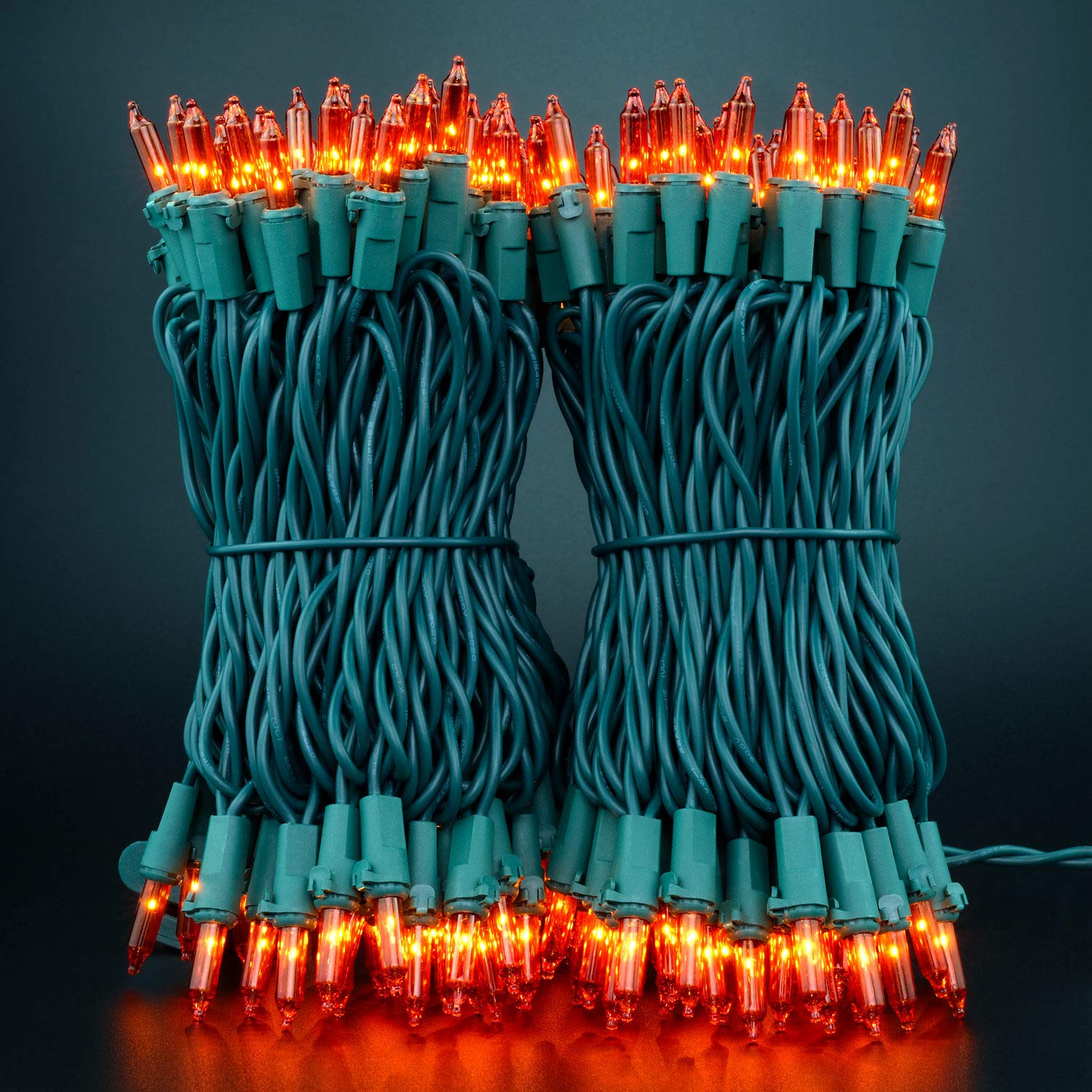 YULETIME Orange Christmas Lights, 66ft 200 Count, UL Certified, Amber Incandescent Mini Light Set, Green Wire, Pack of 2 Sets