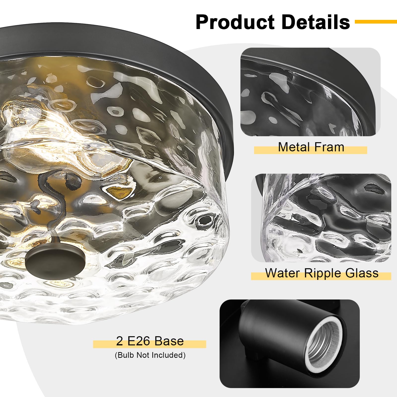 Luminzone Flush Mount Ceiling Light With Water Ripple Glass Shade, Modern 2-Light Ceiling Lighting For Kitchen Living Room Porch