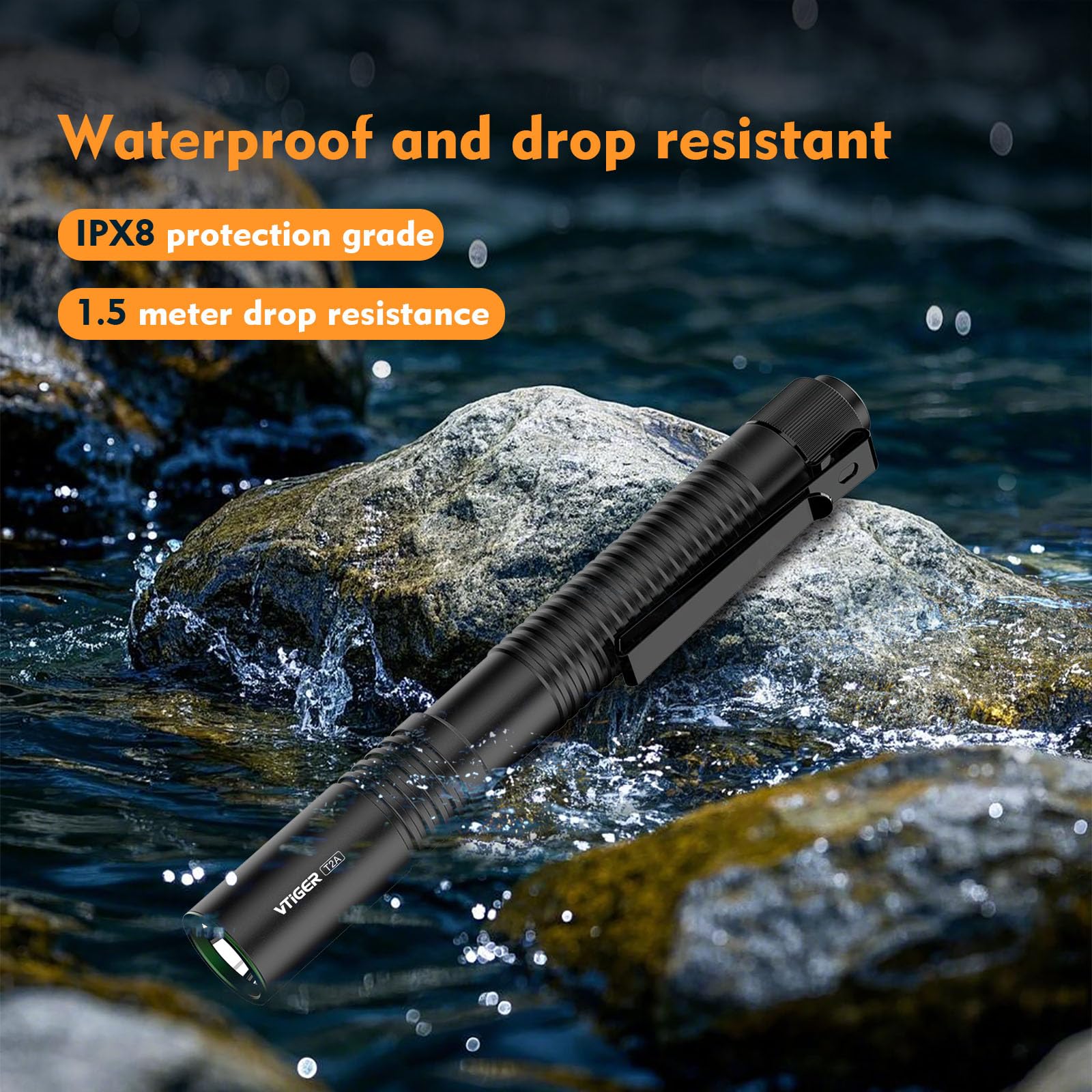 VTIGER T2A Compact EDC Flashlight, 1500 Lumens, Rechargeable LED, Black, Tactical Pocket Light for Camping and Emergencies