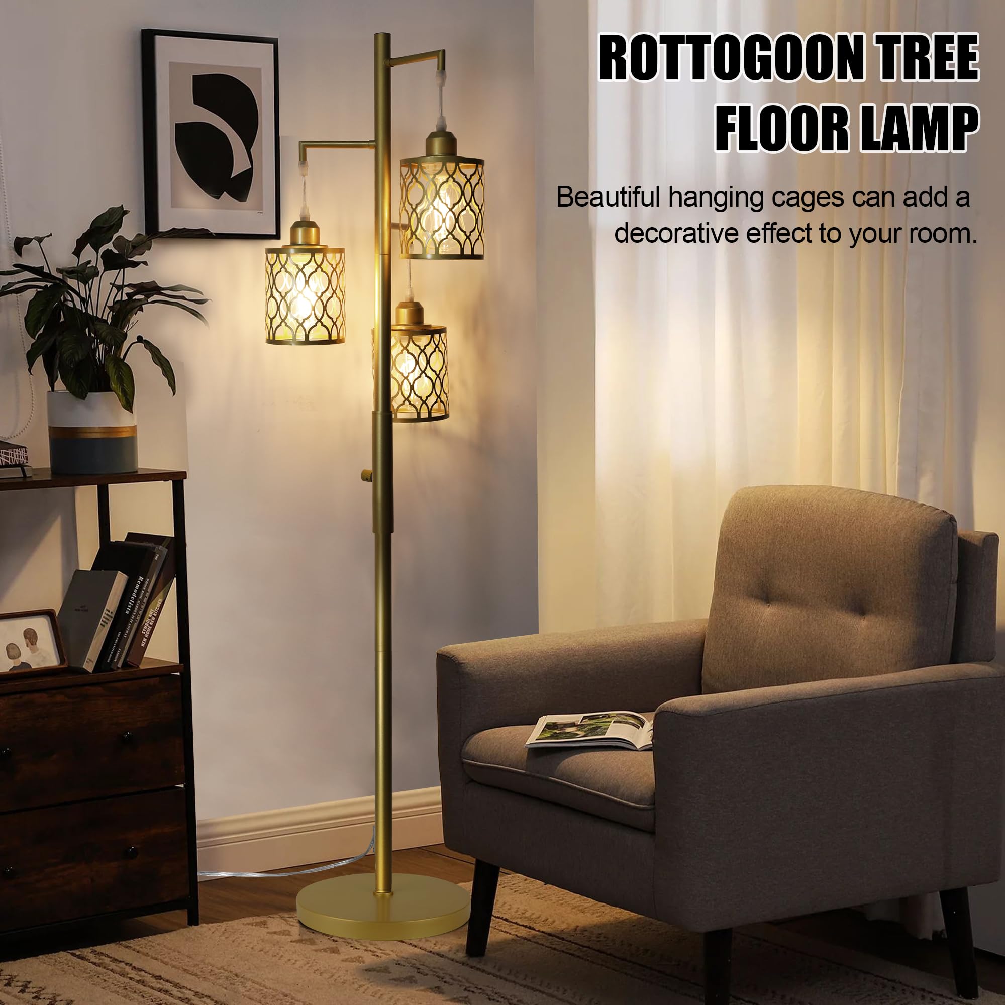 ROTTOGOON 68" Dimmable Gold Floor Lamp, 3-Light Rustic Design with Metal Shade, Includes 3x 6W E26 Bulbs, Model RODLLDD243