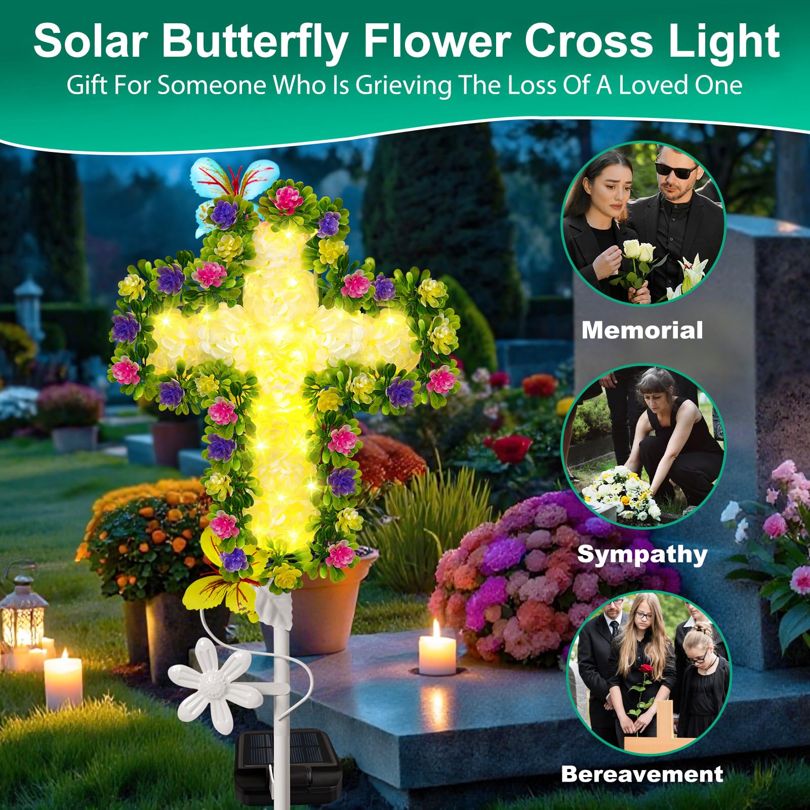 YJFWAL Solar Flower Cross - Cemetery Grave Decoration, Warm White Fabric, Model: White Flower Cross-1
