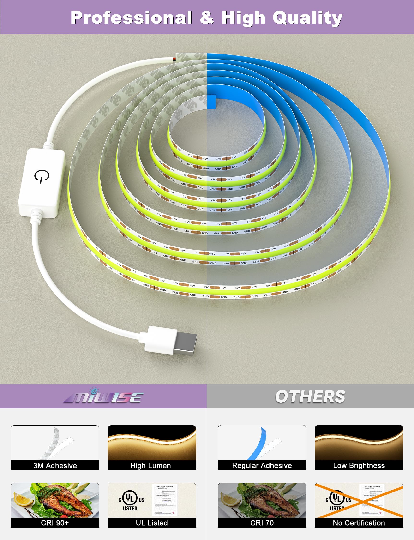 Miwise Cob Led Strip Light 2700K Warm White 6.56Ft/2M,5V Usb Powered Dimmable Led Tape Light With Memory Function Touch Dimmer Switch,For Under Cabinet Lighting,Tv Backlight,3D Printer Diy Projects