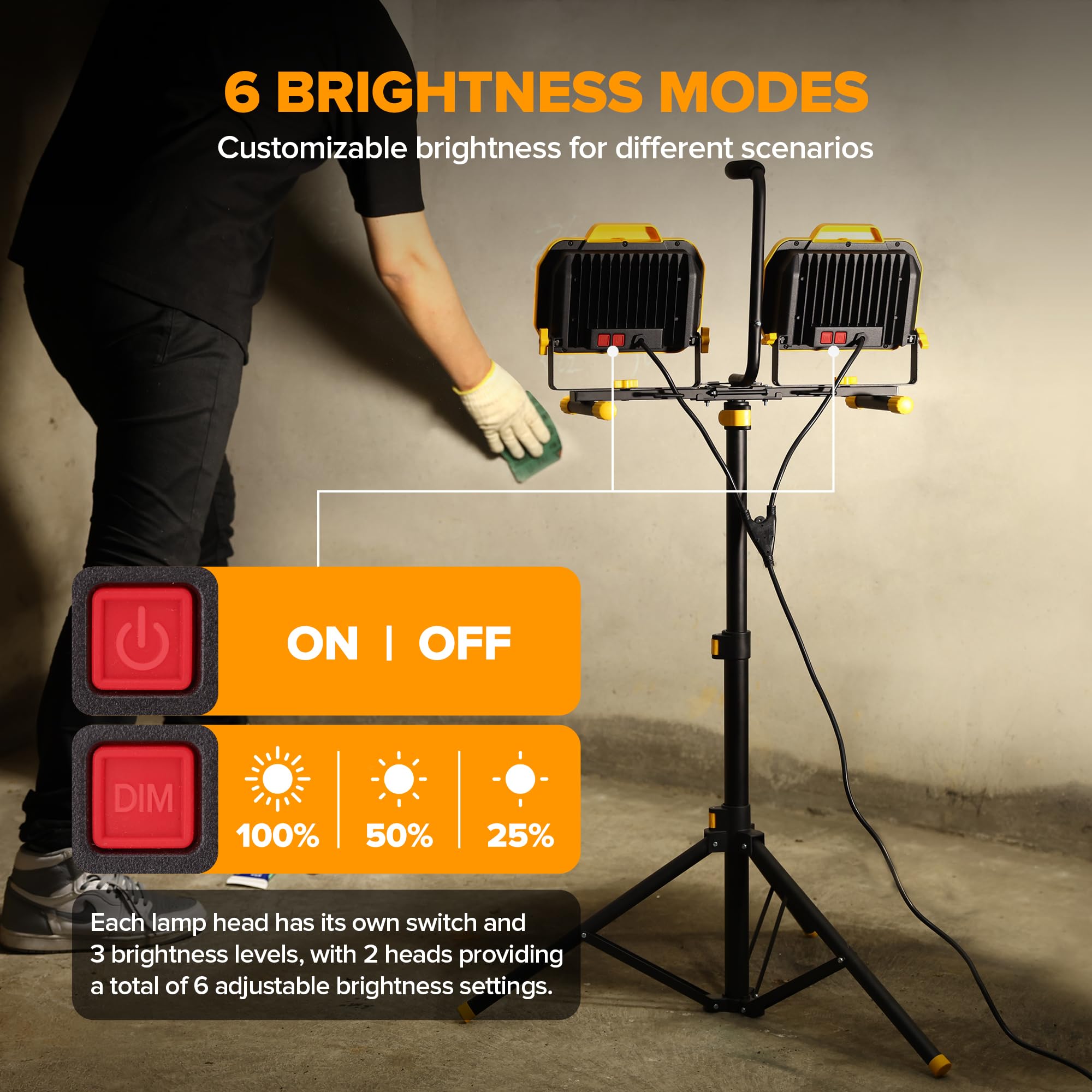 LUTEC 25000 Lumen Dual Head LED Work Light, Dimmable, IP65 Waterproof, with Telescoping Tripod & 8.2 Ft Cord, Yellow