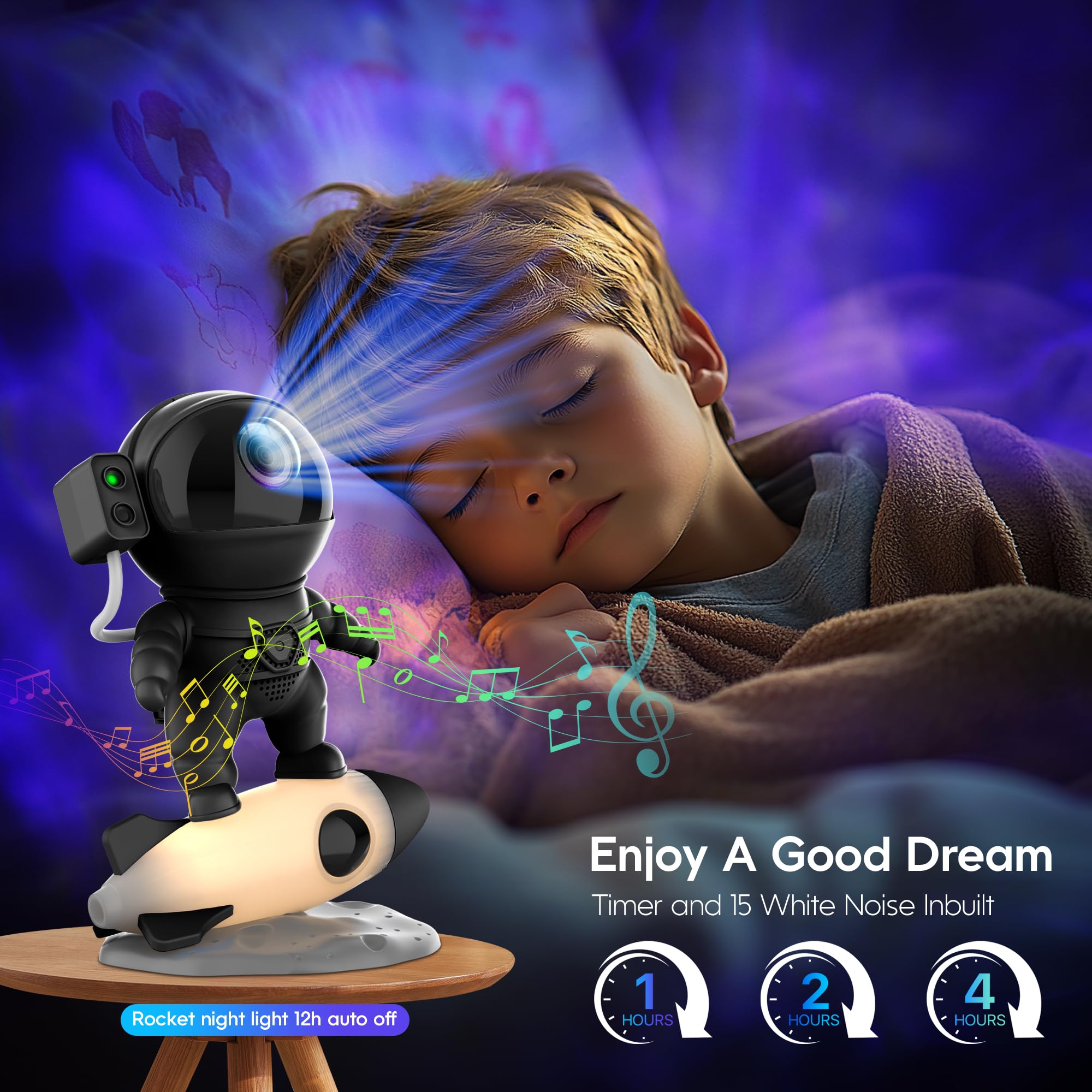 Astronaut Galaxy Projector, Star Projector Rocket Night Light For Kids Room, 360 Adjustable Magnetic Head, Bluetooth Speaker, Ti