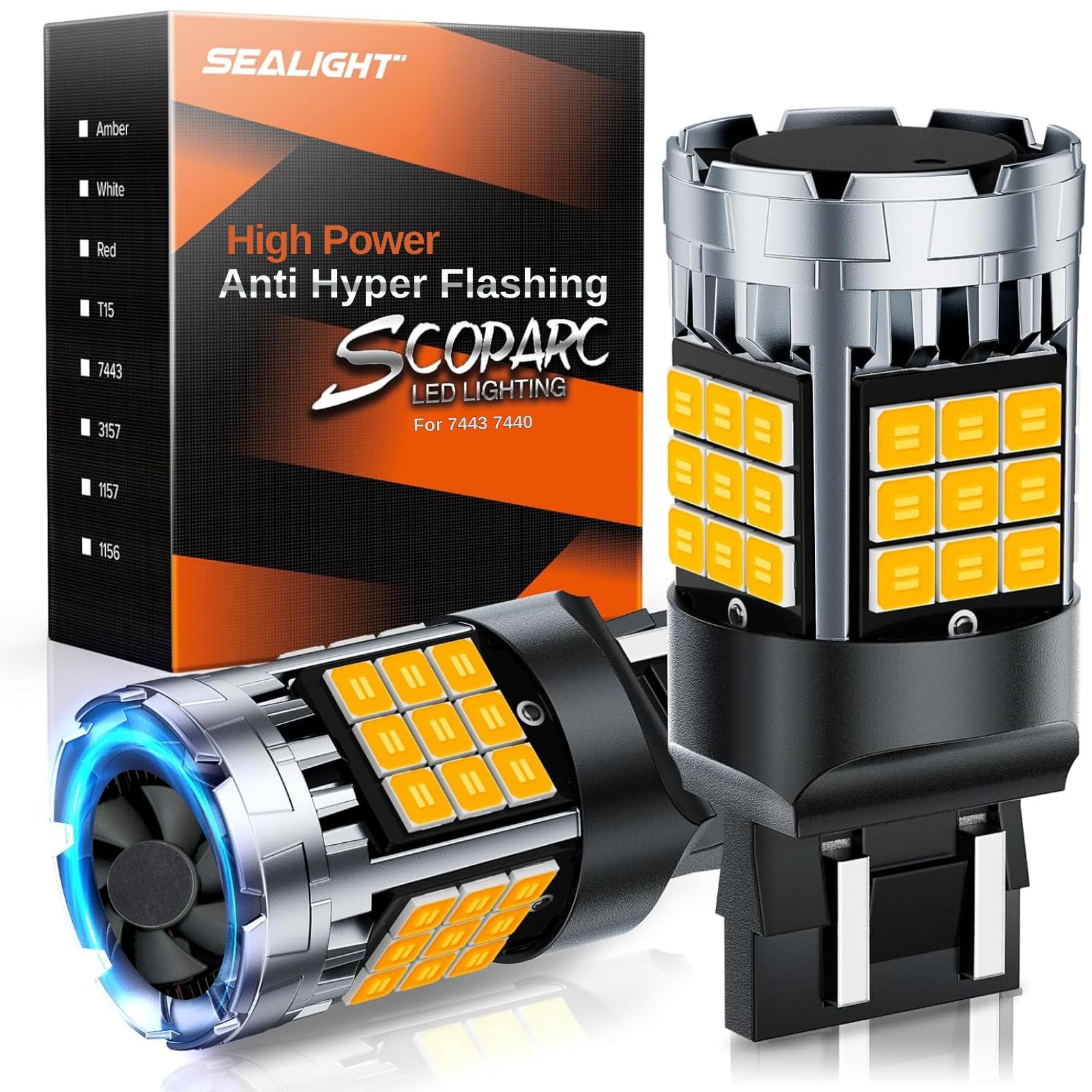 SEALIGHT 7443 LED Bulbs, Amber Yellow, Plug-N-Play, Anti Hyper Flashing, Pack of 2