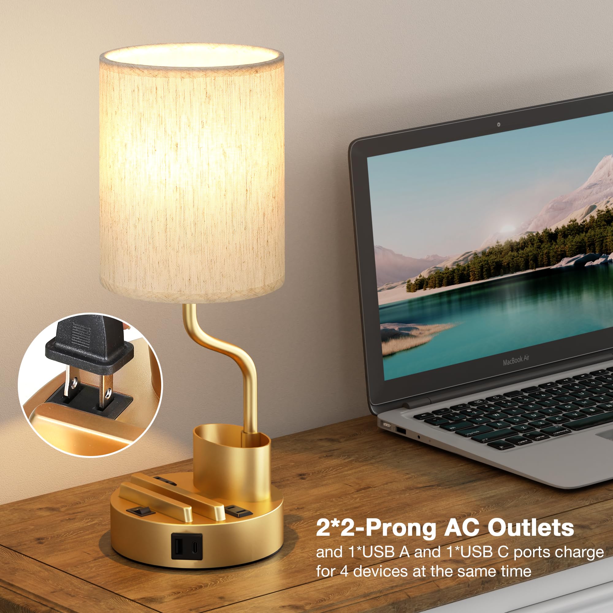 Fenmzee Gold Bedside Table Lamps Set of 2 - Nightstand Light with USB & AC Outlet, 3 Color Temperatures, Cream & Gold