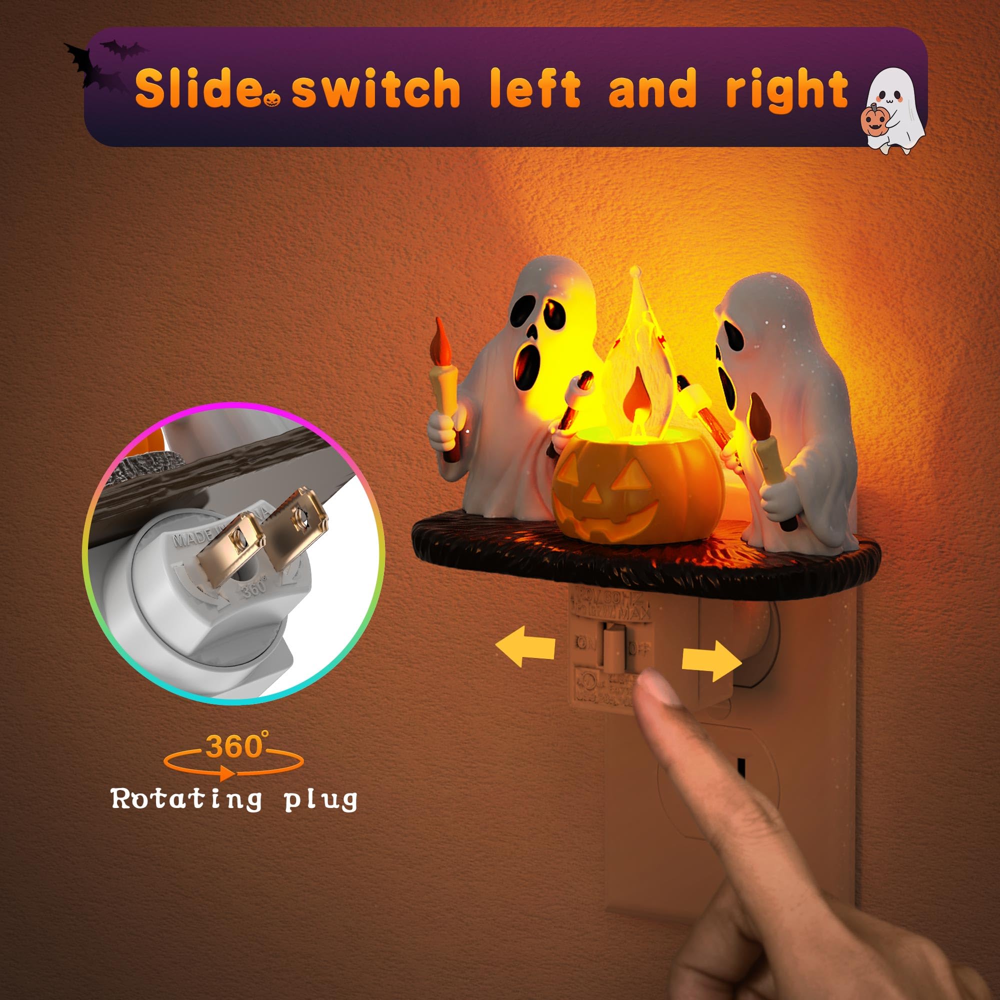 Halloween Night Light,Amber Night Lights Plug into Wall,Cute & Funny Flaming Jumping Night Light,Plug in Ghost & Pumpkin Nightli