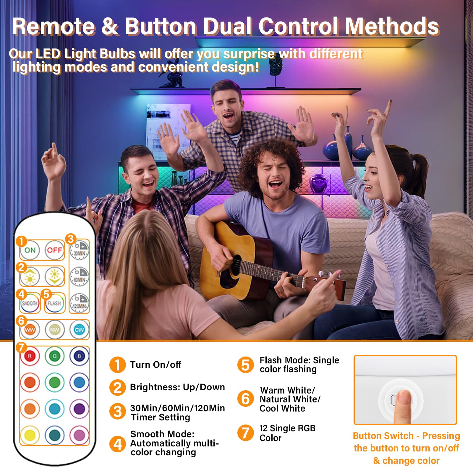 TAIYALOO E12 Rechargeable Light Bulb - Remote Control, 15 Colors, Battery Operated, Wireless Puck Light, 2 Pack, Dimmer, Detachable