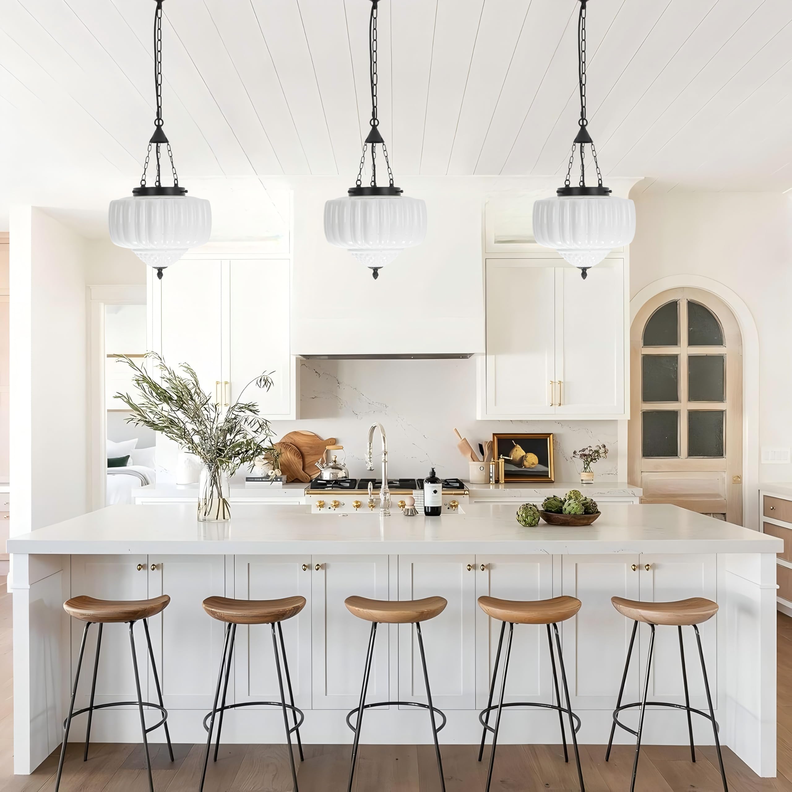 FCTWAKS Milk Glass Pendant Light, 12" Mid Century Modern, Black Finish, Frosted Glass, Ideal for Kitchen Island or Dining Room