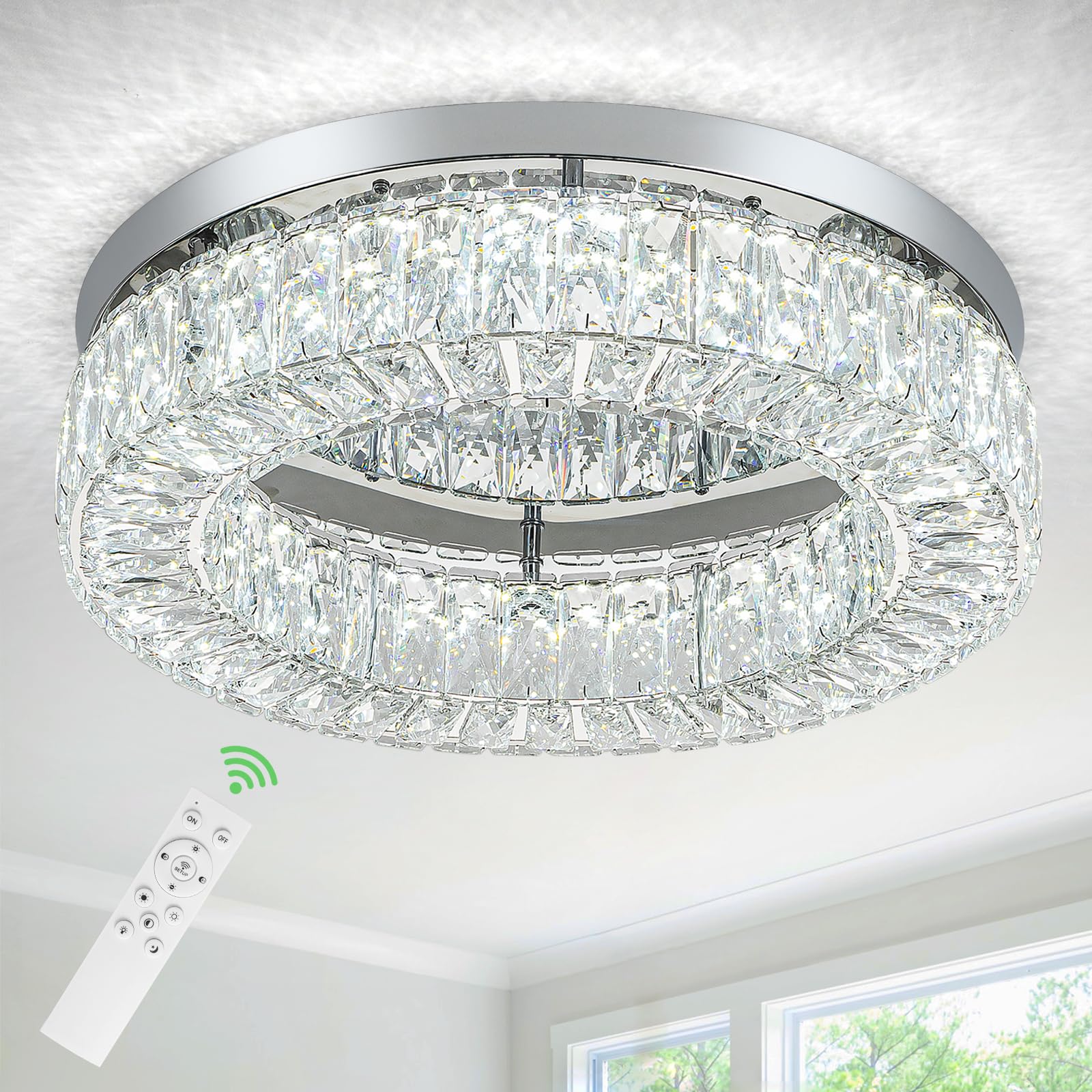 HOPGGIE 18'' Dimmable Chandelier with Remote Control LED Ceiling Light Flush Mount Ceiling Light Fixtures Large Crystal Chandeli