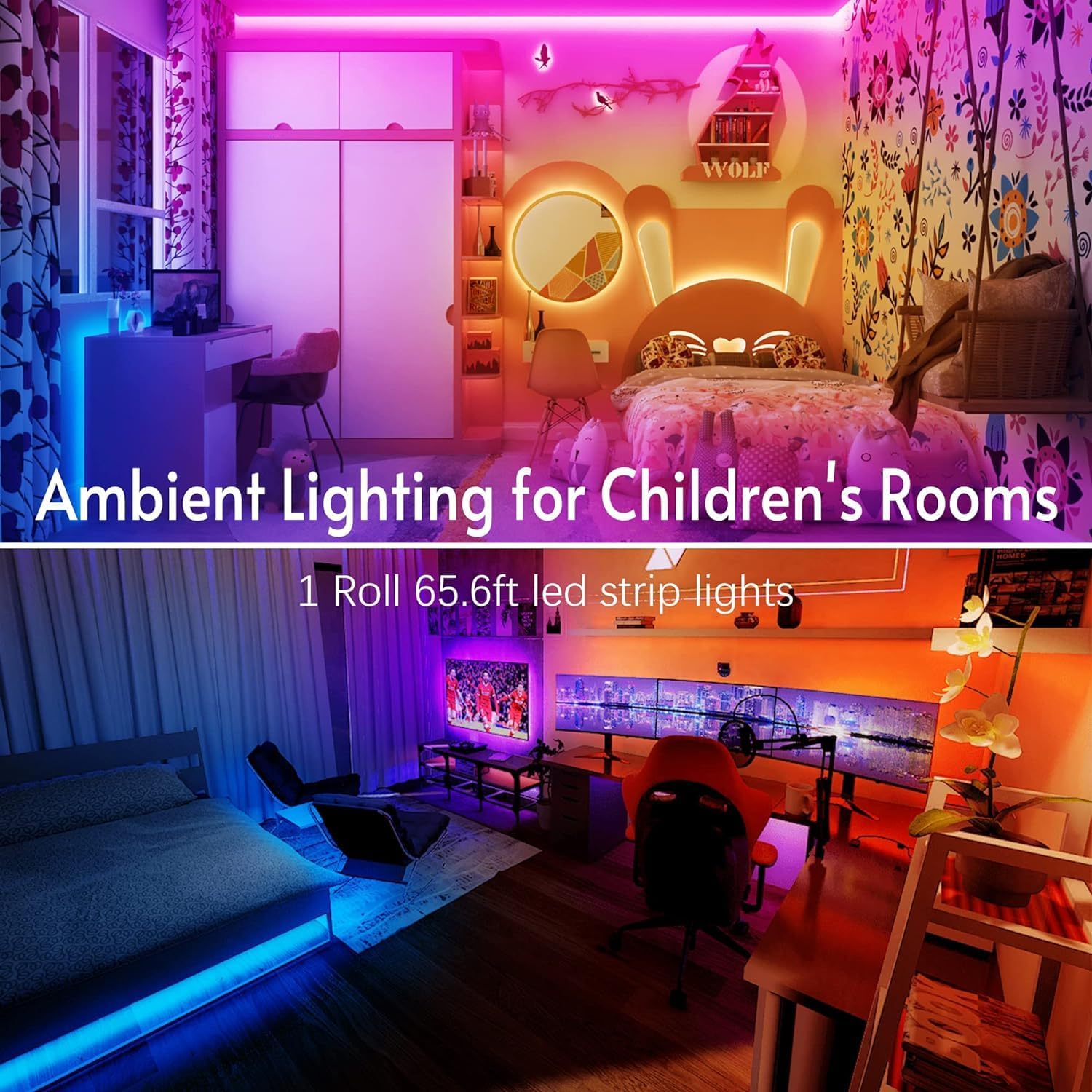 Tjoy 65.6Ft Kids Bluetooth Led Strip Lights, Music Sync Tape Lighting Rgb Color Changing Lighting With Penguin Style Remote, App