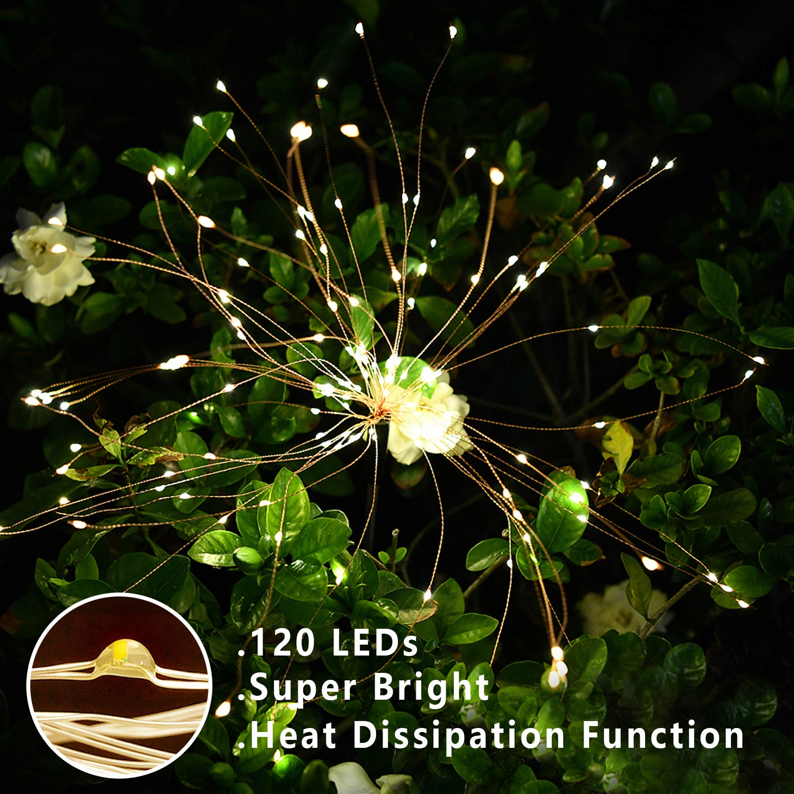 4 Pcs Solar Firework Light, Outdoor Solar Garden Decorative Lights 120 Led Powered 40 Copper Wires String Diy Landscape Light For Walkway Pathway Backyard Christmas Decoration Parties (Warm White)