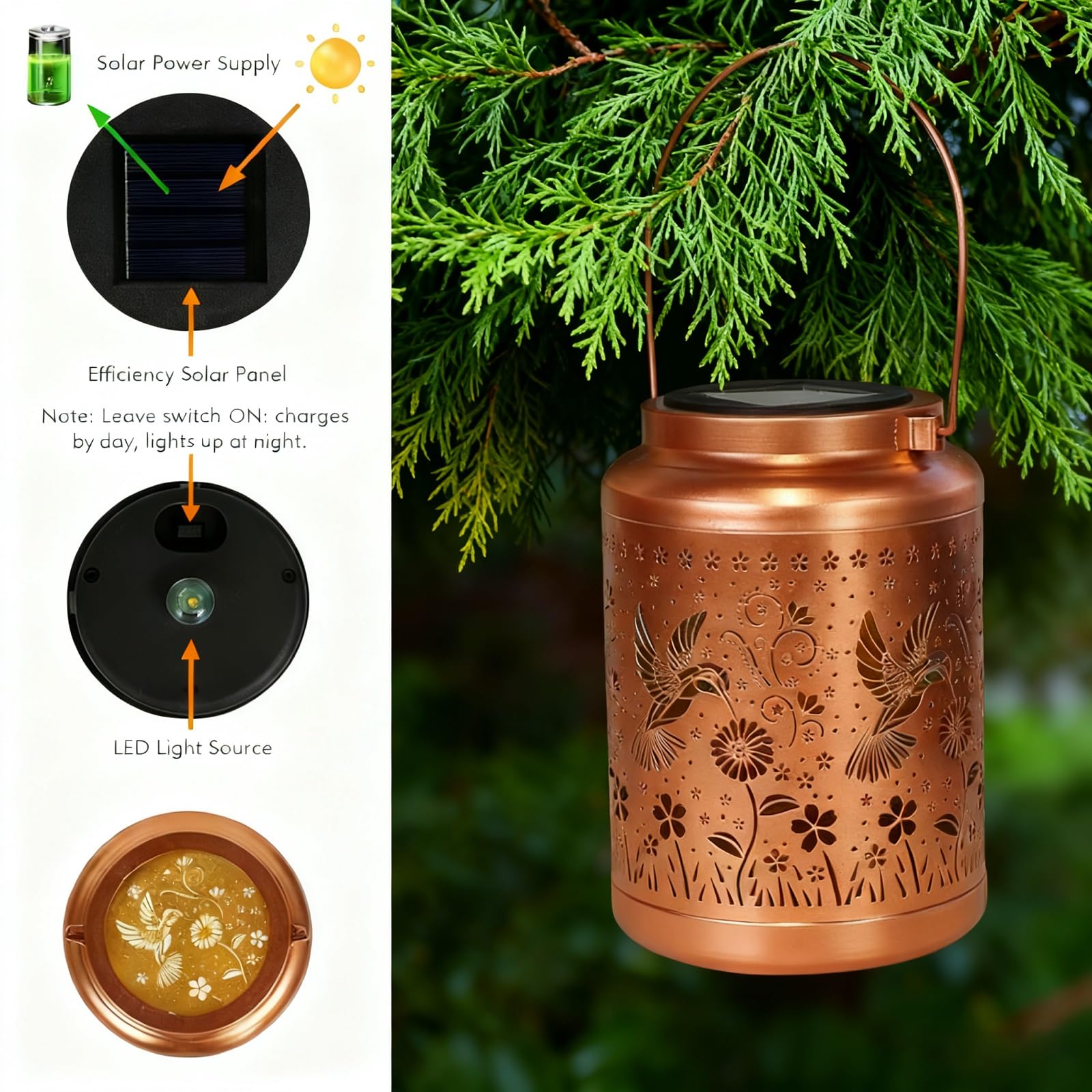 2 Pack Solar Lanterns Outdoor Garden Decor- Solar Lights Waterproof Hummingbird Decorative Gifts For Women Mom Grandma Hanging Metal Lights Gardening Gift For Outside For Yard  Patio  Backyard  Farm