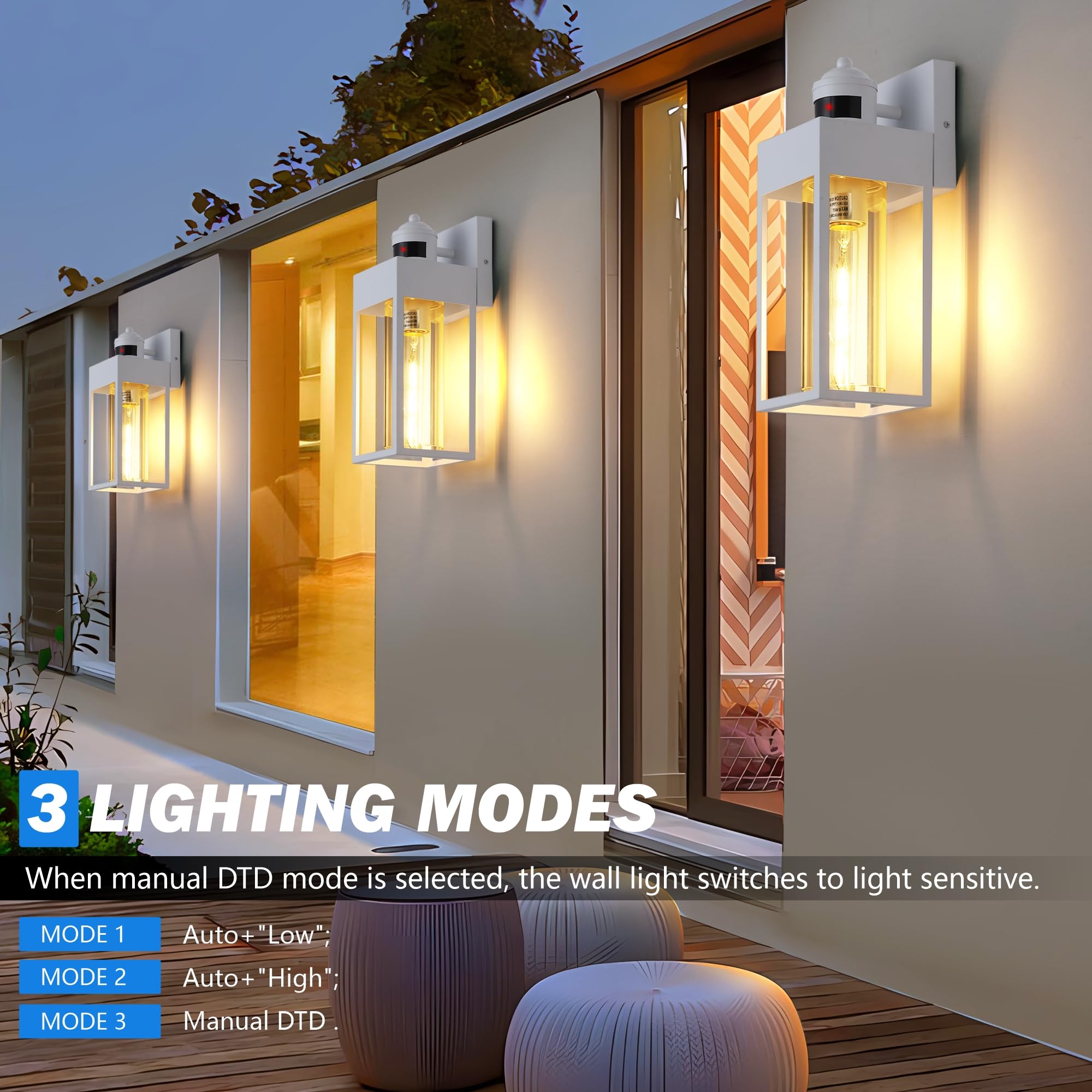 Dakaful Motion Sensor Outdoor Lights - 2-Pack, Modern White Led Wall Sconce, 3 Lighting Modes, Model Dk-Msor-Qx-02