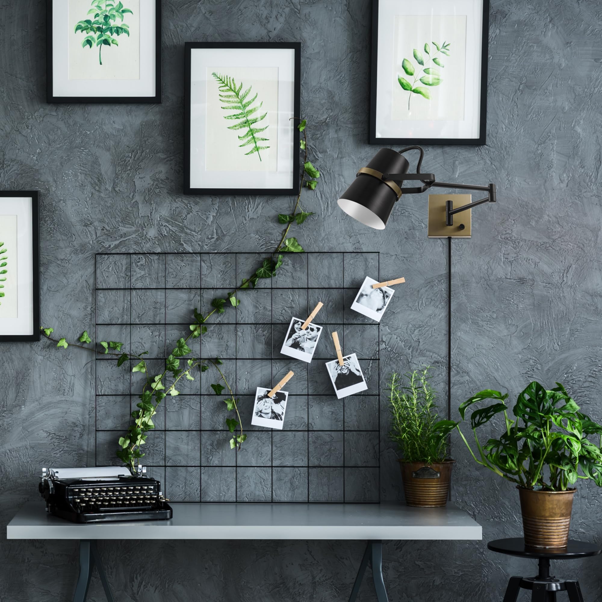 Globe Electric 51345 1-Light Plug-In Or Hardwire Swing Arm Wall Sconce, Matte Black, Brass Accents, 6Ft Black Woven Fabric Cord,