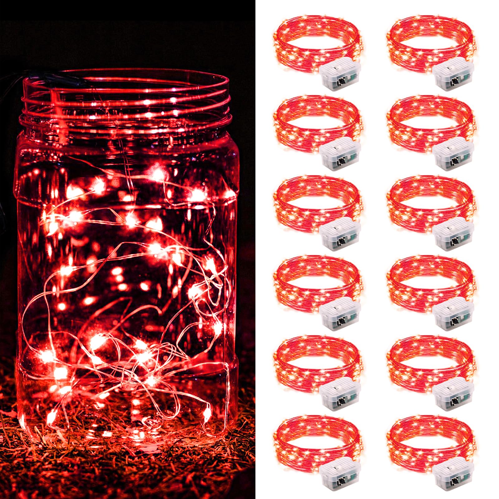ZGWJ 12 Pack Fairy Lights Battery Operated  7FT 20LED Mini Fairy String Lights Silver Wire 3 Modes for DIY  Parties  Wedding  Bedroom  Halloween Christmas Decoration- Red