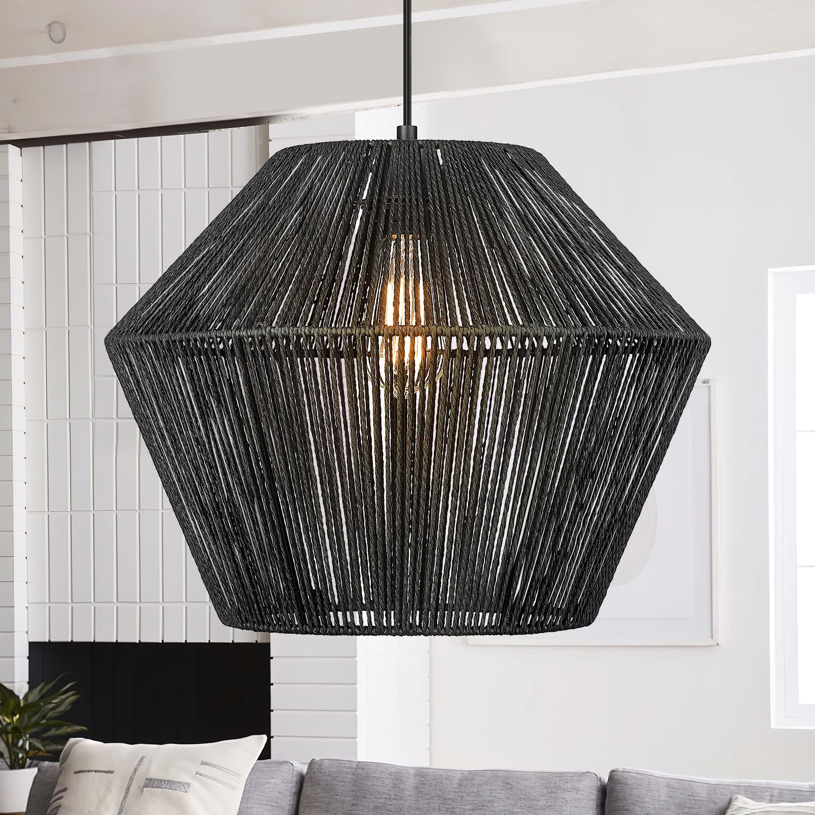 ELYONA 16.5    Large Modern Woven Chandelier Farmhouse Coastal Pendant Light Fixtures Matte Black Handwoven Rattan Basket Shade 
