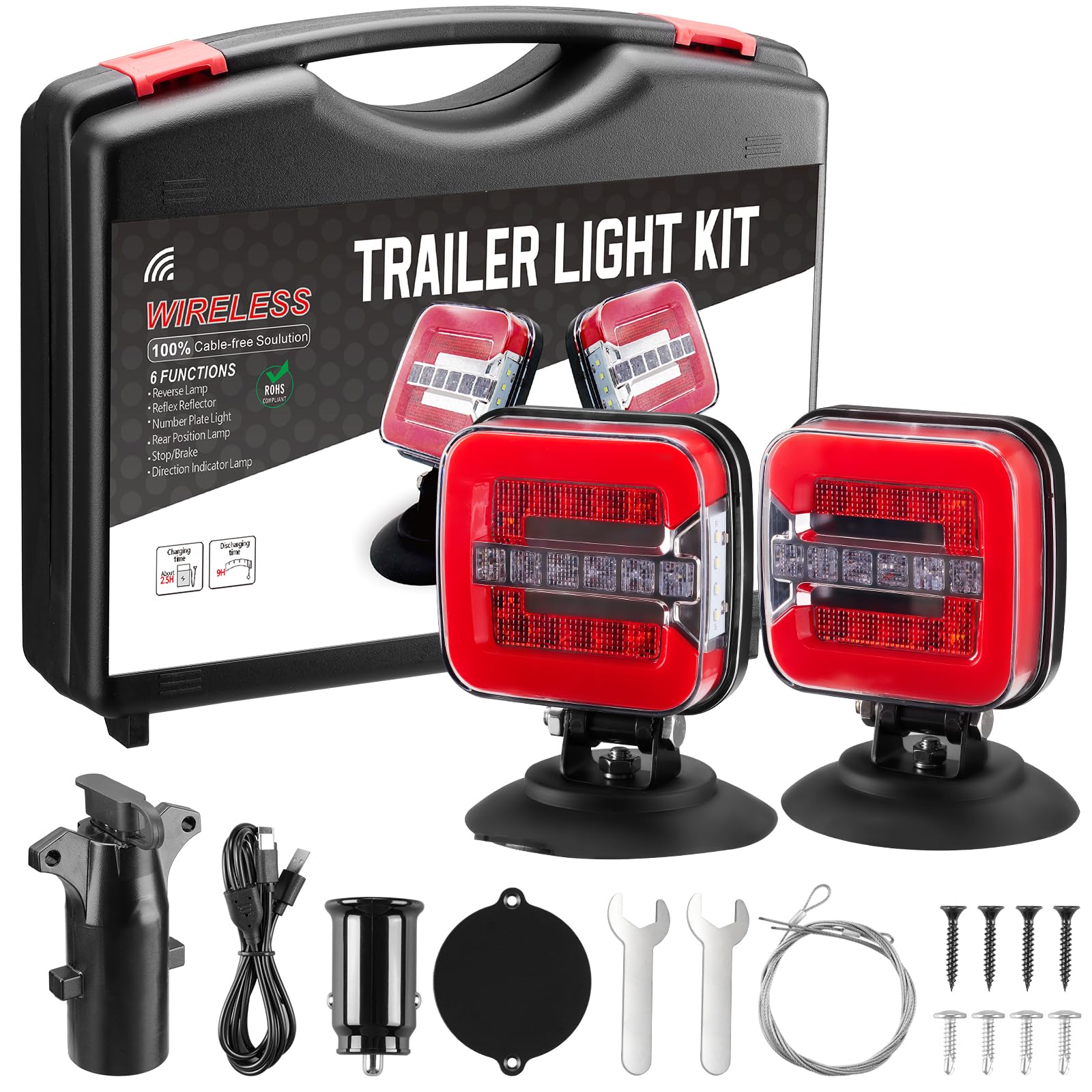inhtgeas Wireless Trailer Lights - Adjustable Magnetic Tow Light Kit, Rechargeable, Red, Model WTL_5023, for Trucks, Boats, RVs, Caravans