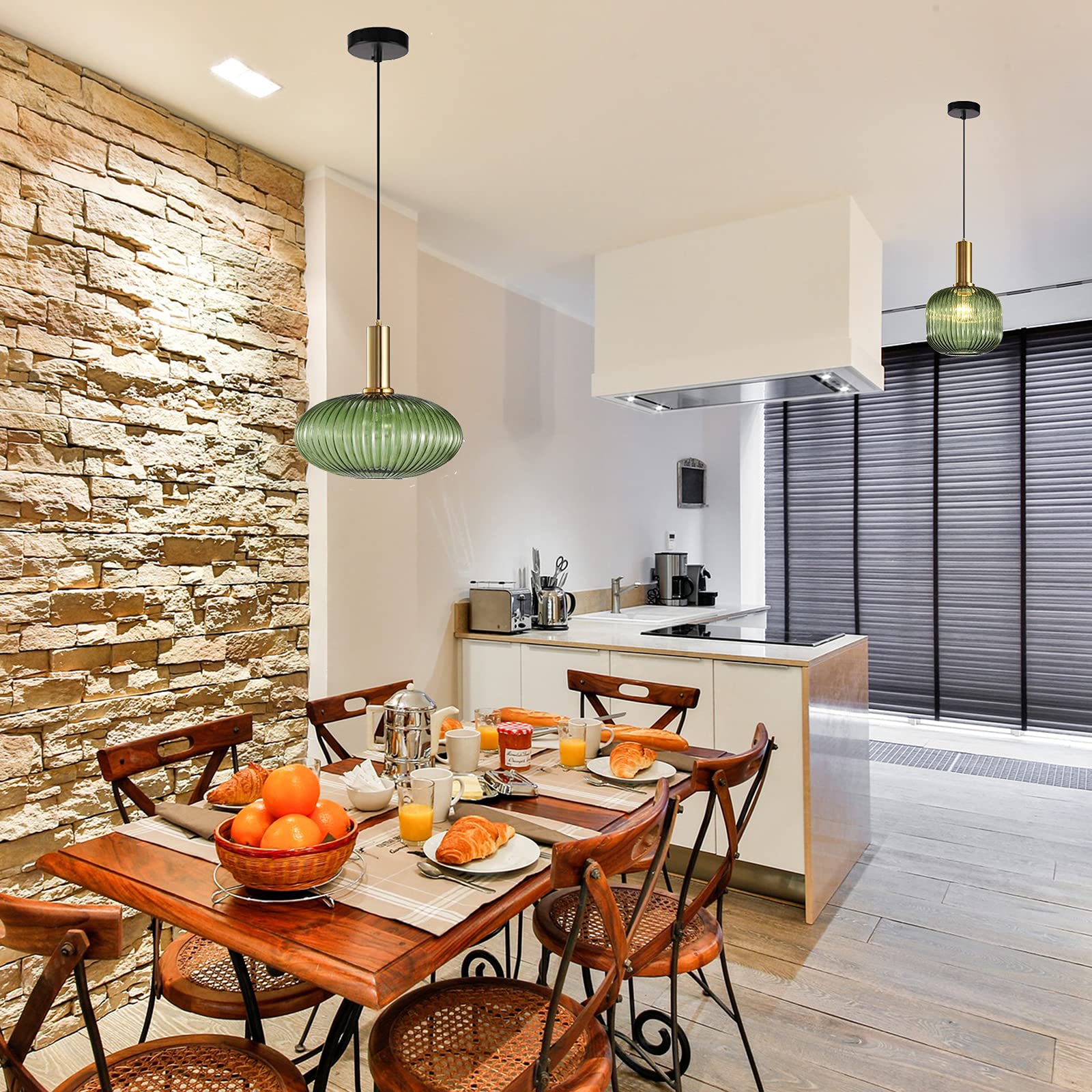 I-Xun Green Modern Pendant Light, 11.81'' Striped Glass Fixture For Kitchen & Dining Room