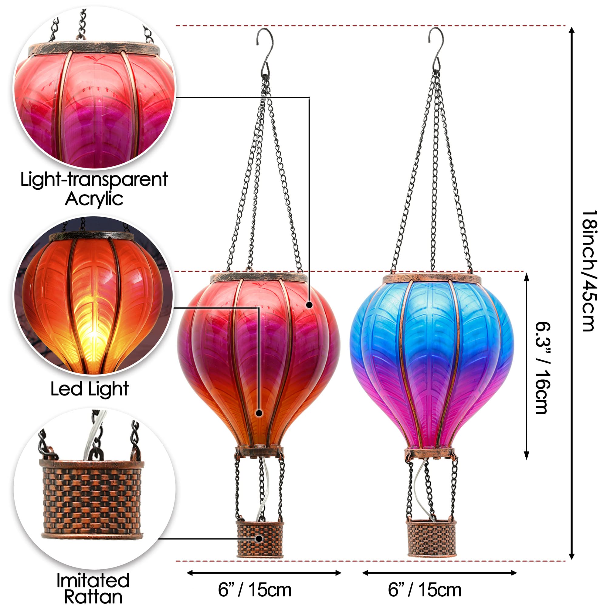 Teresa'S Collections 2 Pack Hanging Solar Lantern Outdoor Garden Decor ,Waterproof Plastic Hot Air Balloon Red Flickering Flame Effect Lantern For Yard Tree,Gift For Mom Lovers,18&quot;