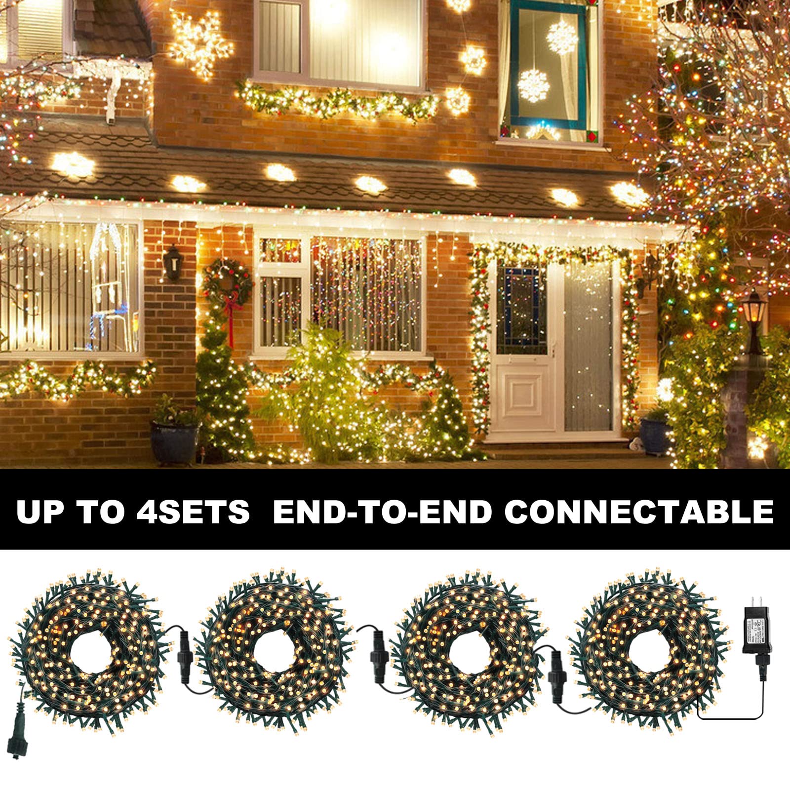 VTECHOLOGY 300 LED Warm White Christmas Lights String, 105ft, 8 Modes, UL Certified, Copper Material