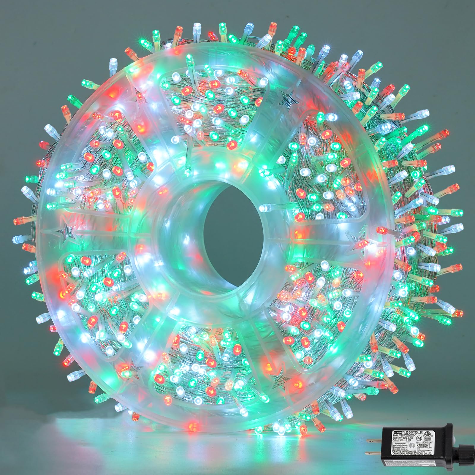 Yeguo 165Ft 500 Led Christmas Lights Outdoor Waterproof  Clear Wire String Lights Indoor Plug In  8 Modes Clear Wire Twinkle Tree Light For Xmas Party Garden(Red White And Green)