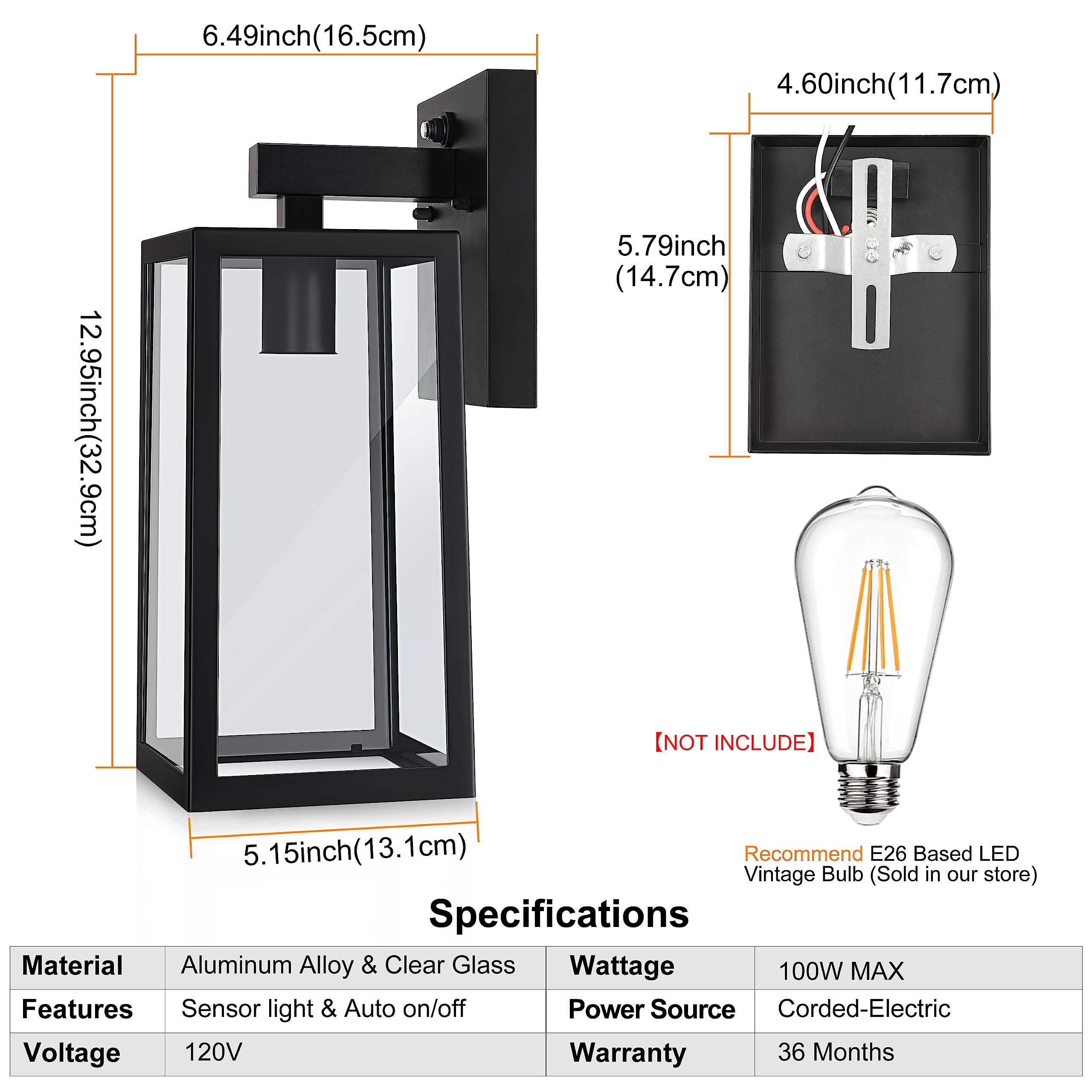 SHINE HAI Outdoor Wall Sconce, Waterproof Lantern Fixture, E26 Base, Black, Model 2032BC-LS, One-Pack