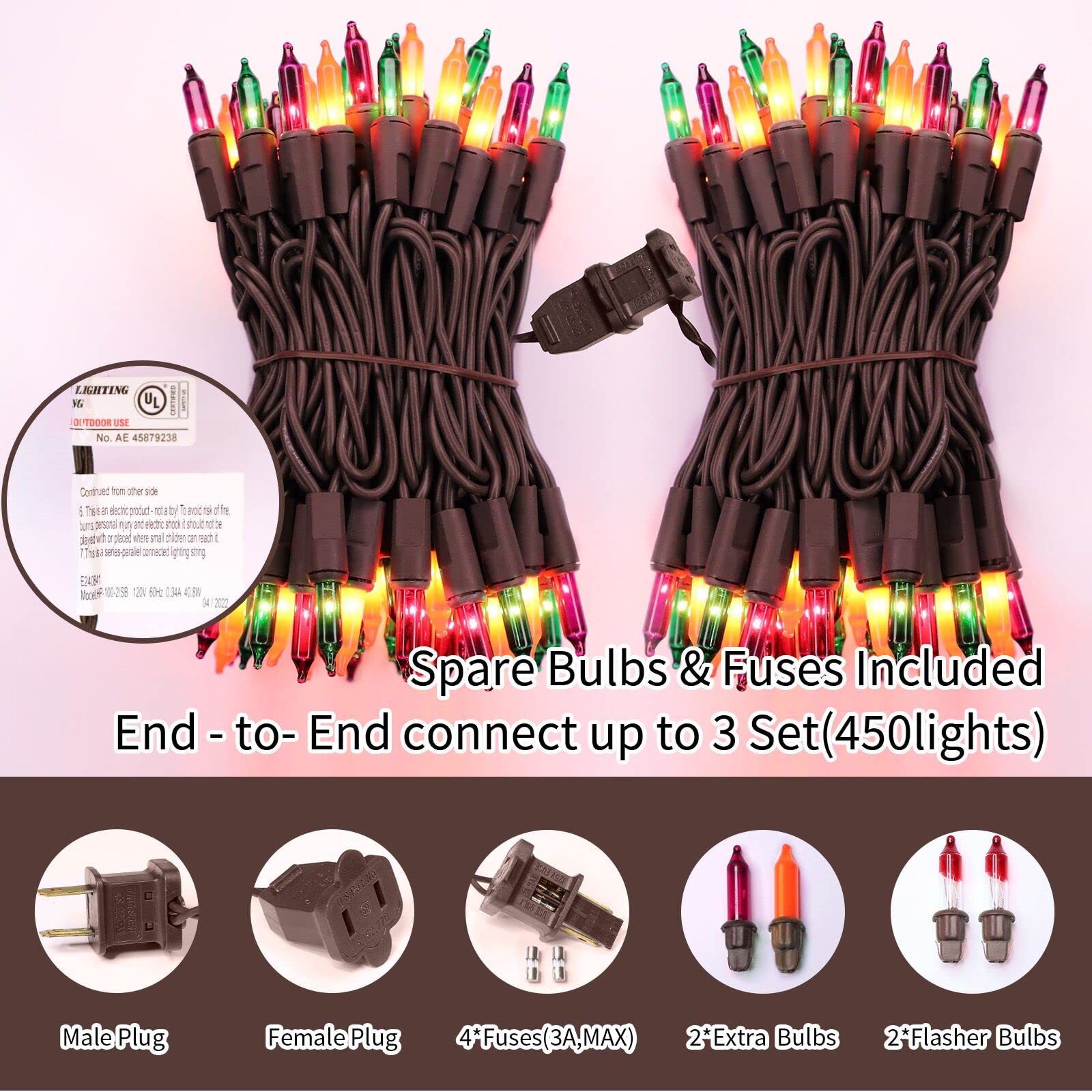 Lamphome Super-Bright Extendable Orange Purple And Green Halloween Lights Decoration 150Lights 31.9Ft Ul Certified Mini Bulb String Lights Set For Outdoor Halloween Christmas Tree Garden Holiday Decor