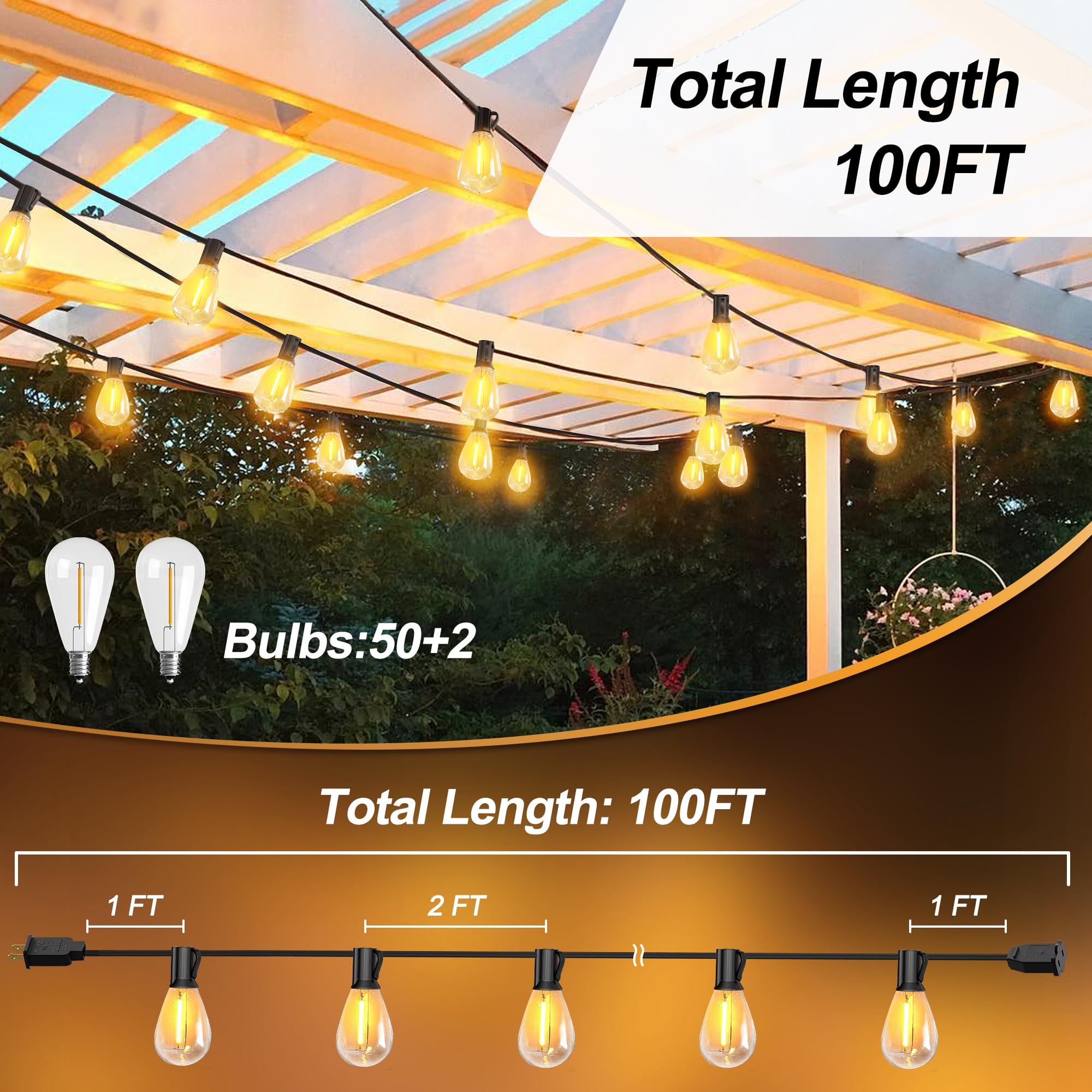 CABOCASA Outdoor String Lights 100FT for Outside Patio Lights with 50+2 Shatterproof S14 LED Dimmable Bulb, Outside Hanging Ligh