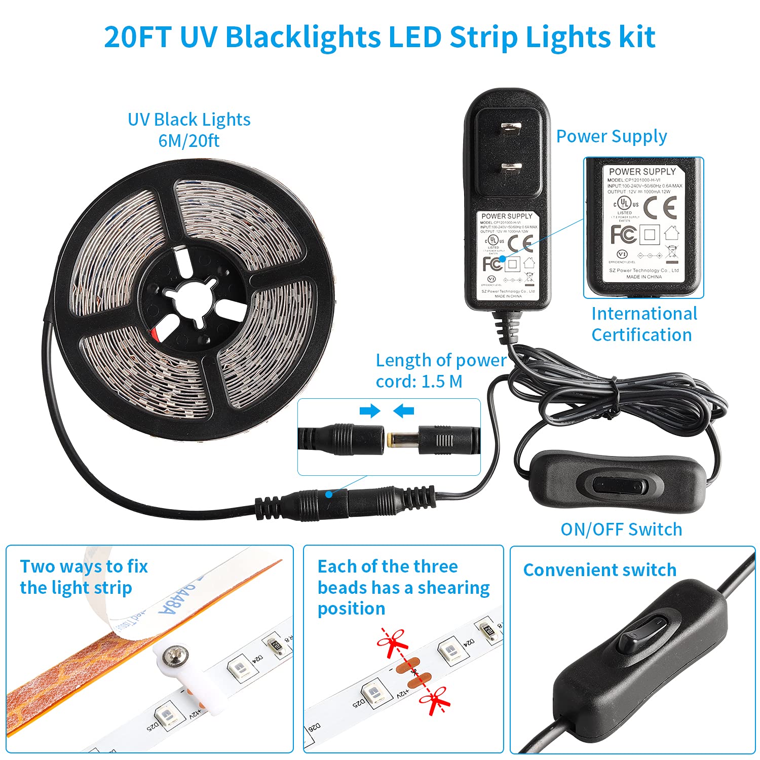 YQNLIFA Black Light Strip, Flexible LED Blacklight Kit, 20Ft/6M, Non-Waterproof, Ideal for Indoor Decoration and Events