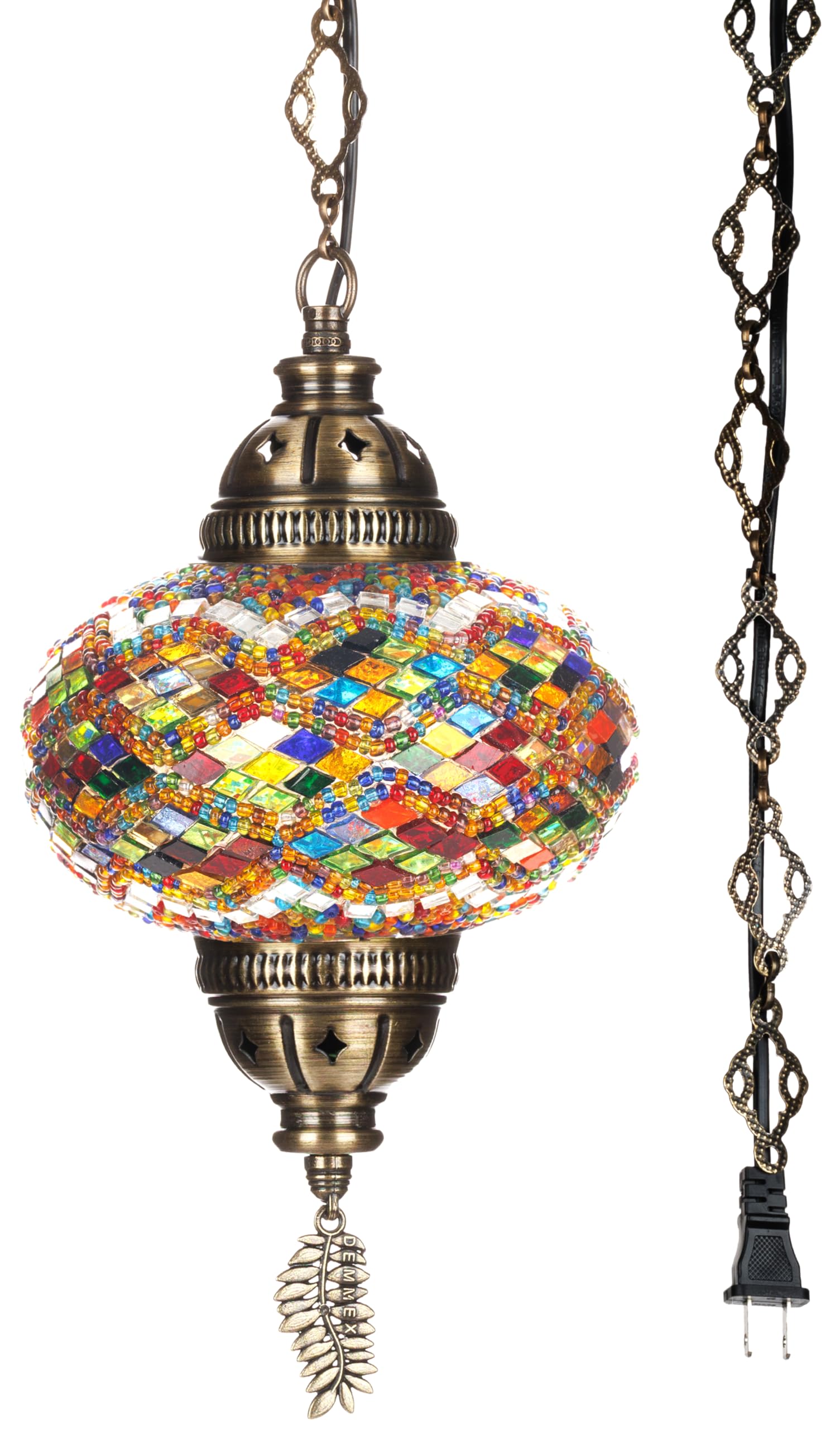 DEMMEX Moroccan Mosaic Swag Pendant Light - 6.5" Glass Globe, Multicolor, 15ft Cord, Handmade Ceiling Lamp