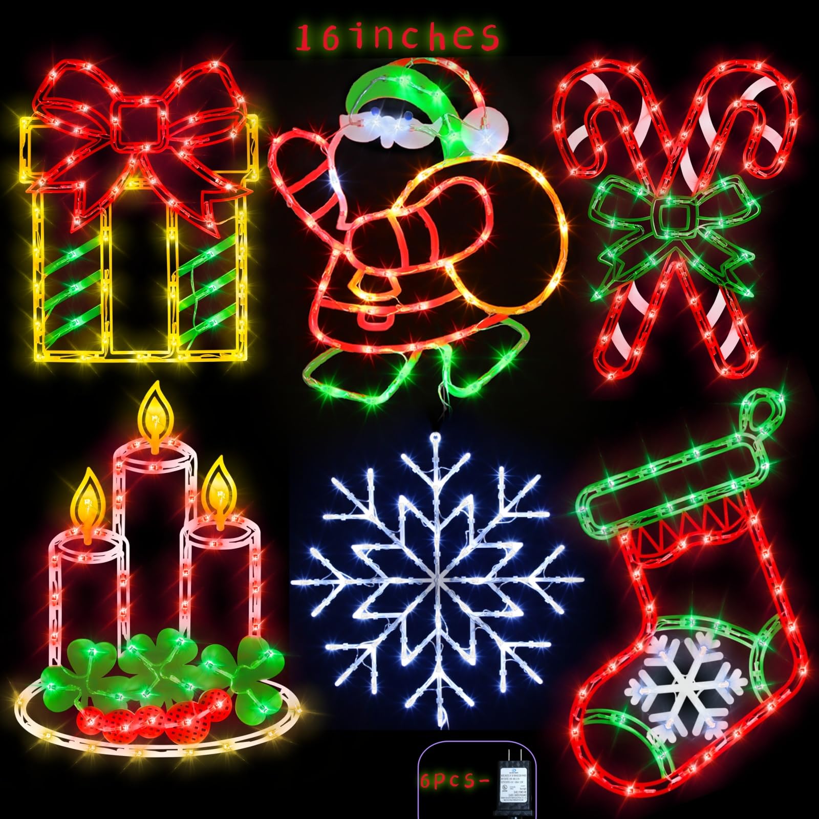 Pytopkto 16 Christmas Window Silhouette Lights - 6 Pack Colour Lighted Candy Cane & Santa & Christmas Stocking & Candle & Gift Box &Snowflake For Holiday Indoor And Outdoor Window Decorate