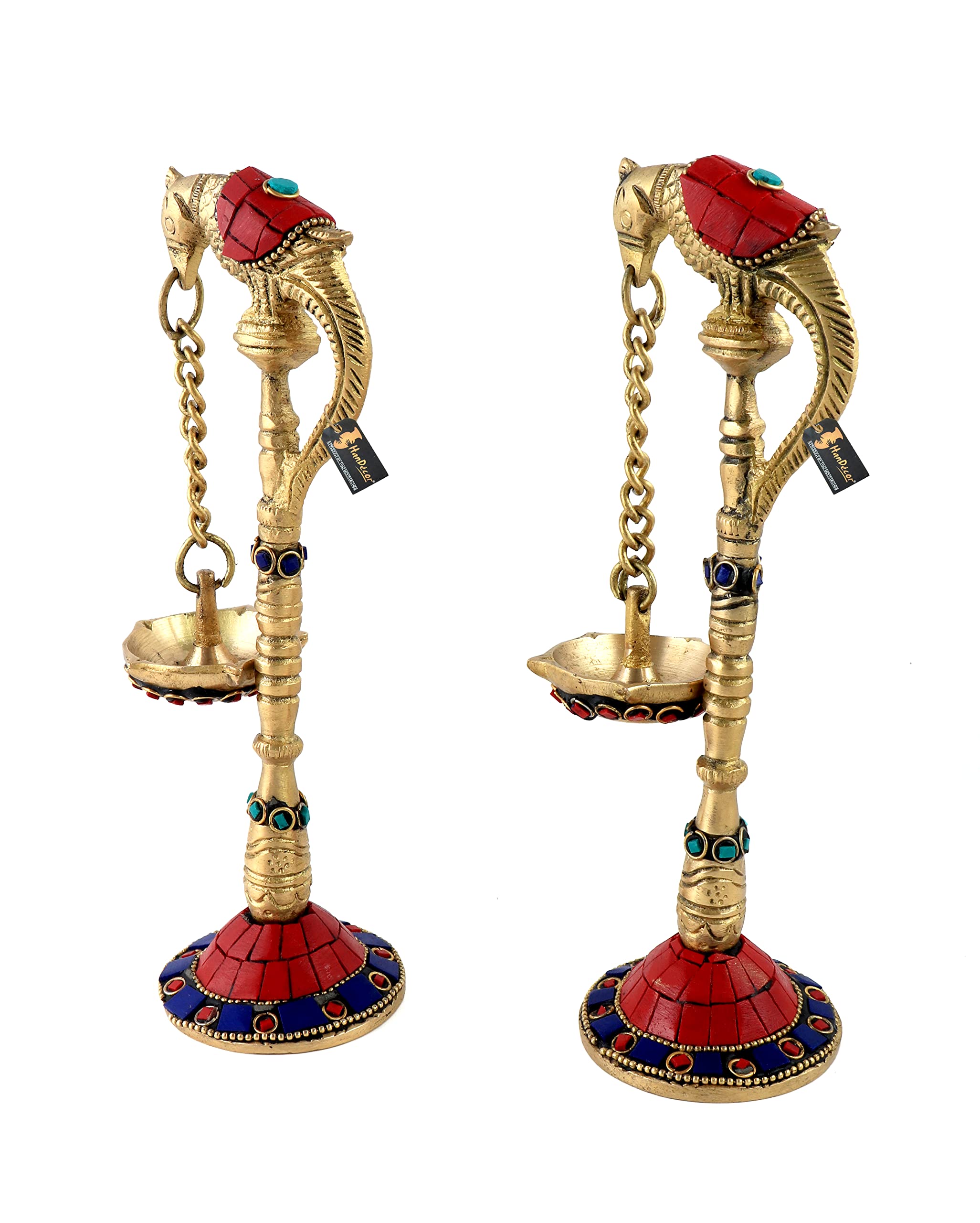 Two Moustaches Gemstone Work Parrot Design 7.5 Inches Brass Hanging Diya Pair, Material - Brass, Standard, Pack of 2