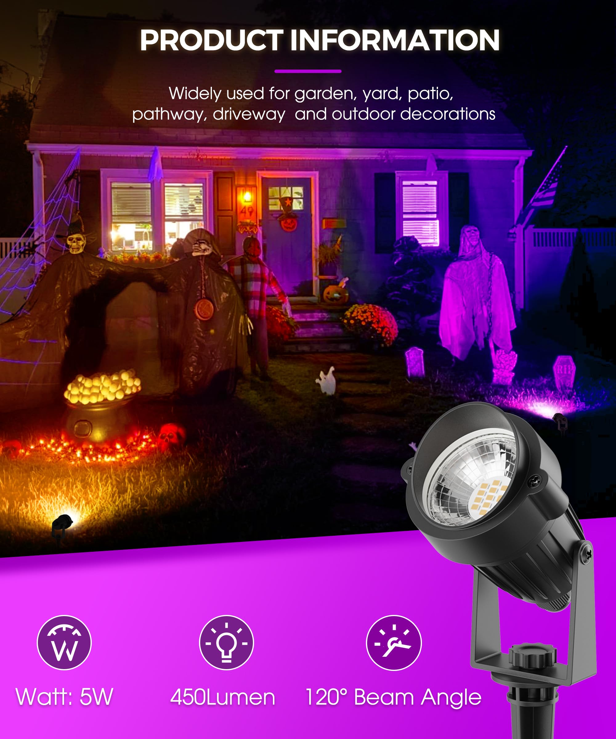 Lohas Christmas Spotlight Outdoor, Purple Led Spot Lights For Yard, Auto On/Off 5W 120V Landscape Lighting For House, Holiday, Trees, Decoration, 450Lm Ip66 Waterproof, Ul Listed, 2 Pack