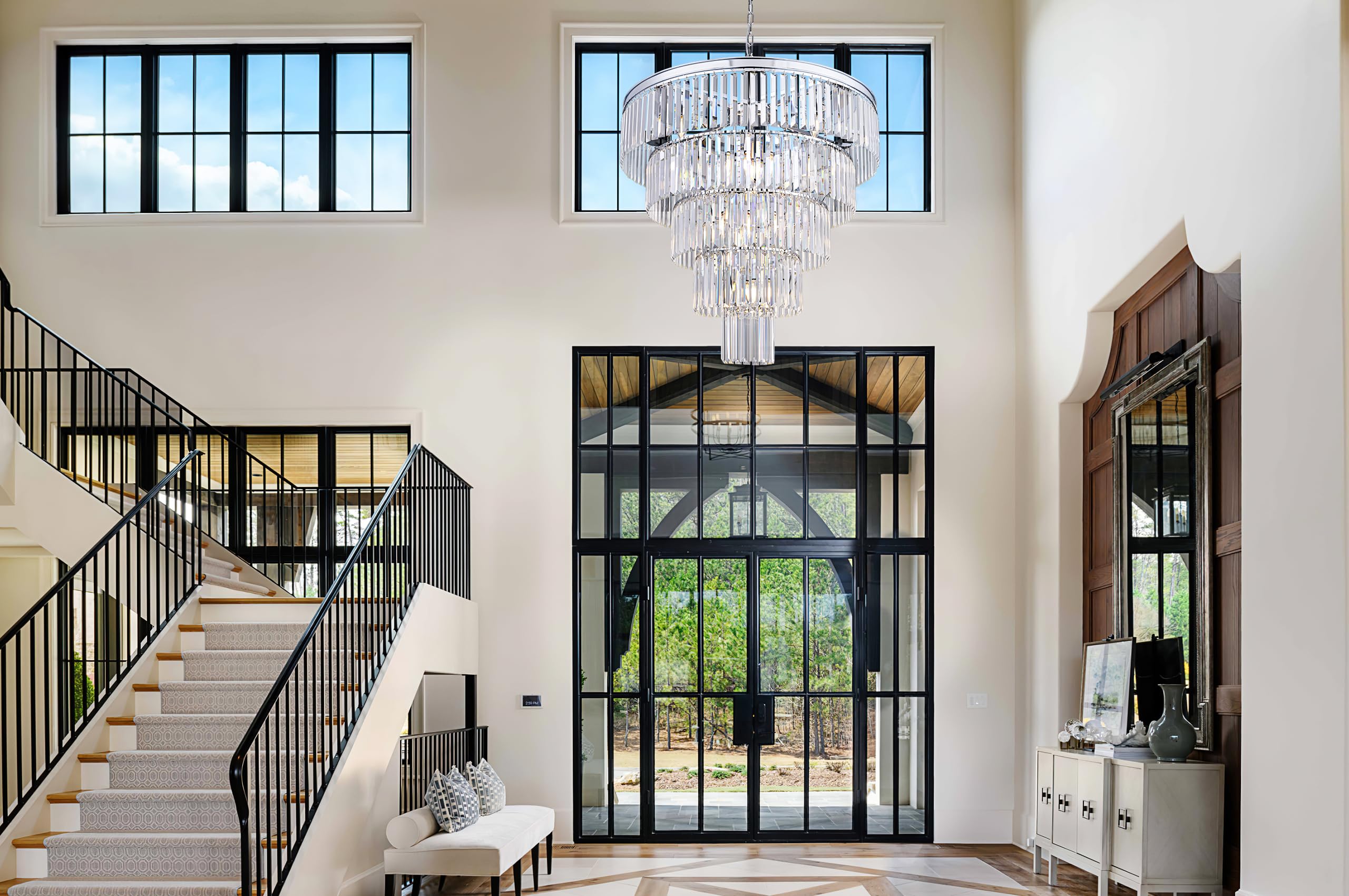 TOCHIC 10-Light Crystal Chandelier, 31.5" Chrome, 5-Tier Modern Raindrop Ceiling Light for Bathroom, Staircase, Dining Room, Foyer