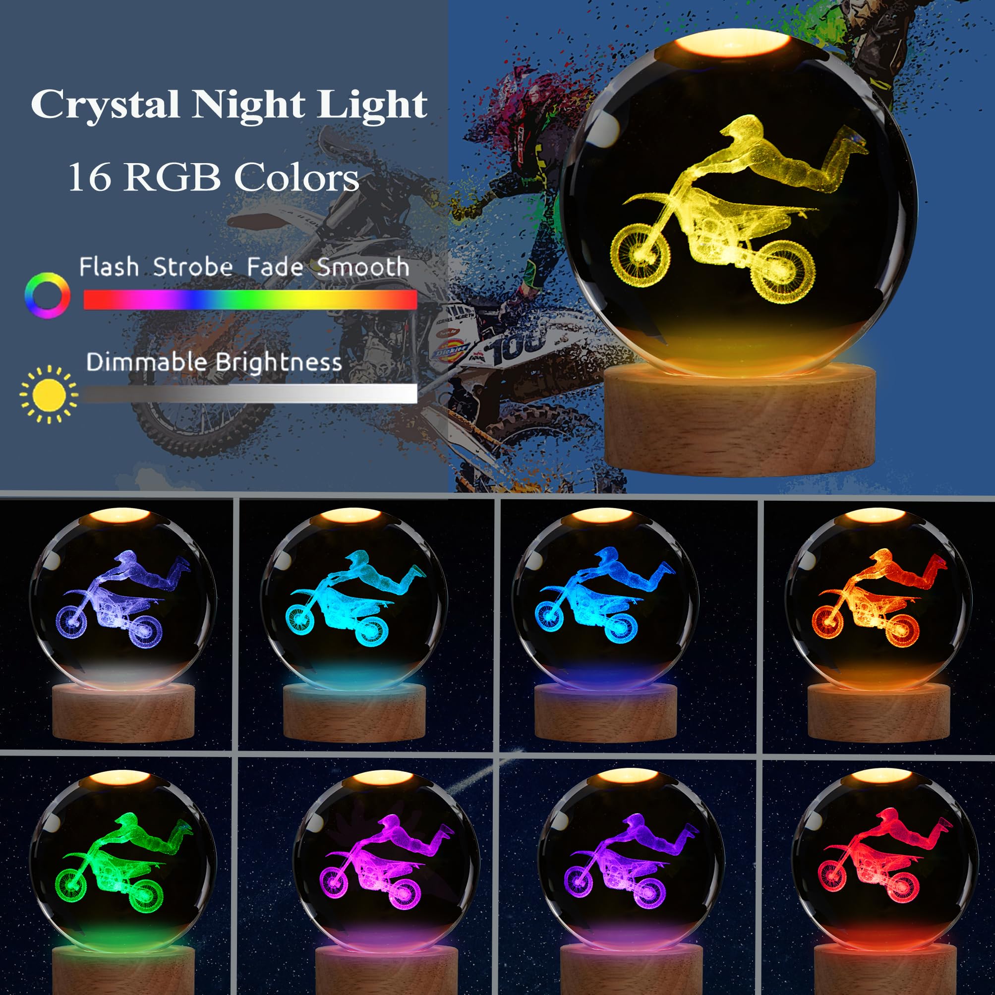 Posshe Dirtbike Night Light, Dirtbike Gifts, 3D Crystal Ball Dirtbike Lamp With Remote Upgraded 3.15 Inch With 16 Color For Birt
