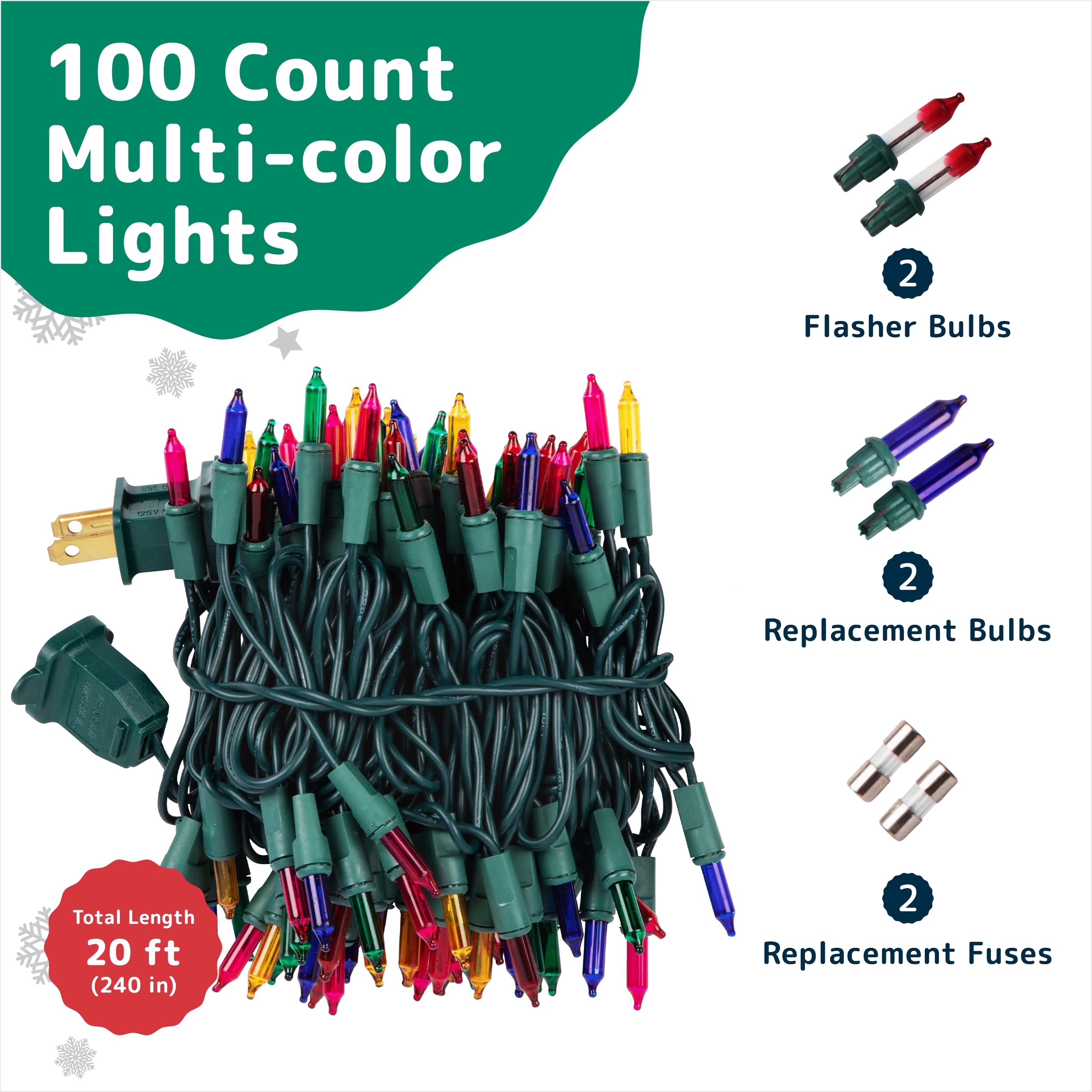 PREXTEX Christmas Lights - 100 Count Multicolored Warm Twinkle String Lights, 20 Ft Green Wire, Indoor/Outdoor Decorations