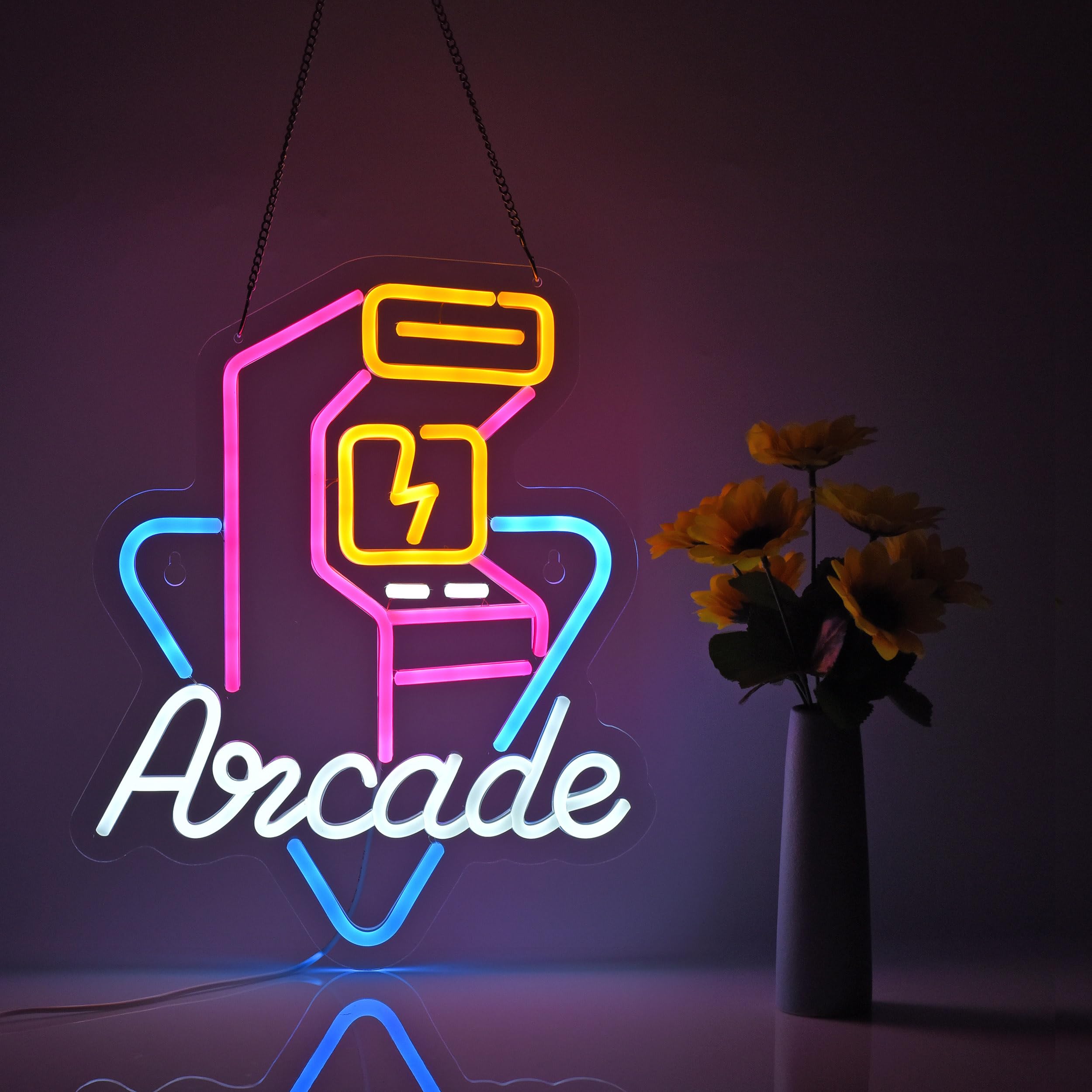 Hoyoelec LED Arcade Neon Sign with Dimmable Switch, 16x13 inches, White/Yellow/Blue/Pink, Decor for Wall Décor