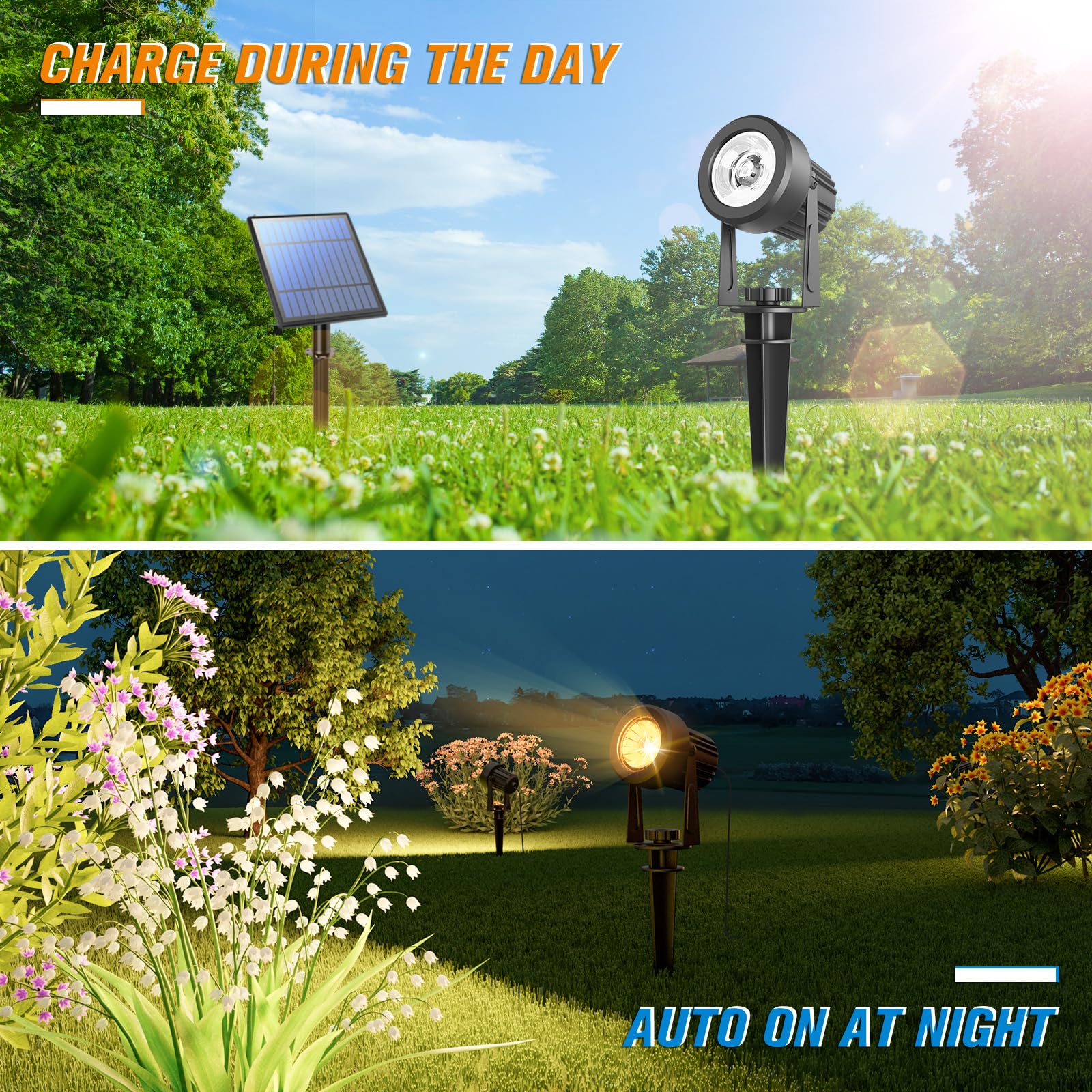 APONUO Solar Spot Lights - 6-in-1 Outdoor Landscape Lights, IP65 Waterproof, Warm White, 9.8ft Cable, Model spot06