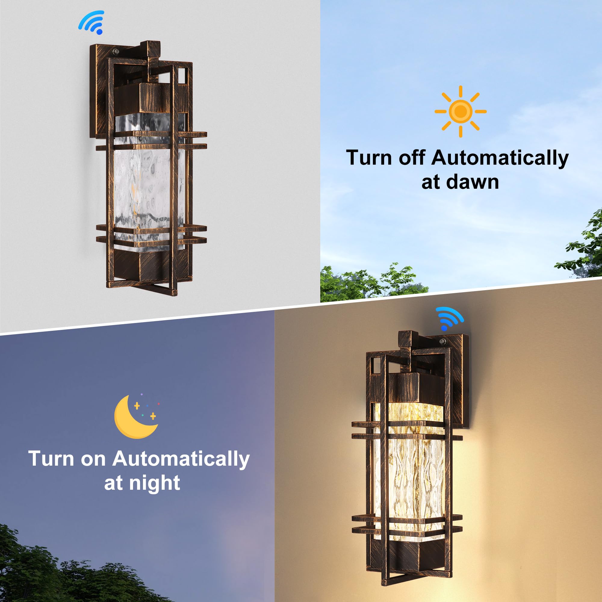 WIHTU Dusk to Dawn Outdoor Wall Sconce Lights, 2 Pack, Gold-Brushed Black, Waterproof Aluminum, Model STR-WL-0042, Bulb Included