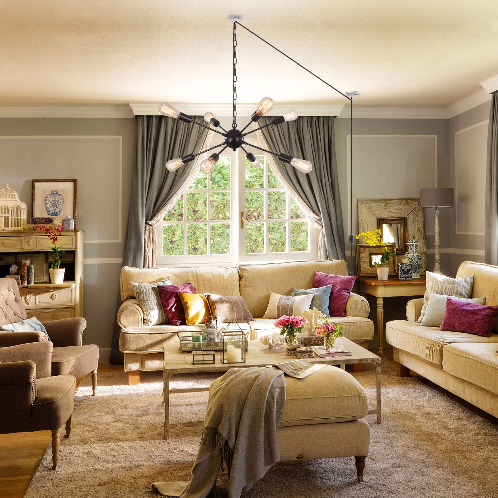 Lasenchoo 8-Light Black Plug-In Chandelier With 16.4Ft Cord & Switch - Modern Sputnik Pendant Light