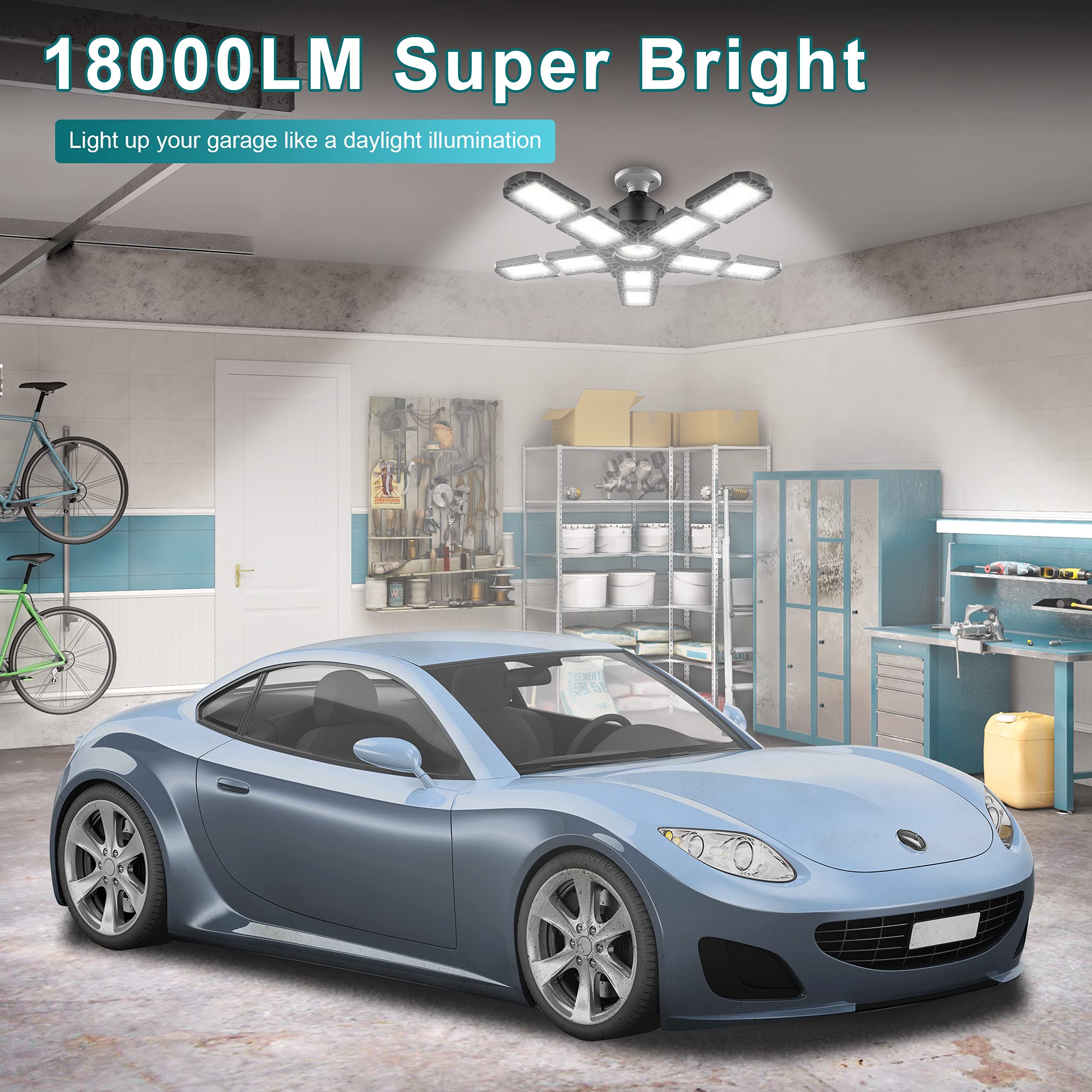 Nexillumi 4-Pack LED Garage Light 180W 18000LM Deformable Ceiling Lighting E26/E27 Black Polycarbonate