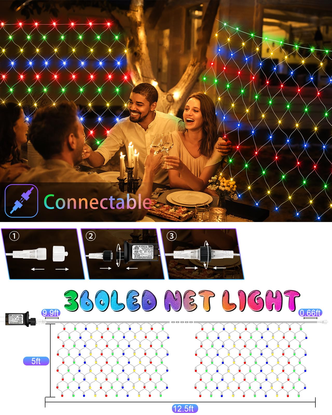 12Ft X 5Ft Christmas Net Lights, 360 Led Net Lights With 8 Modes, Connecable, Timer, Waterproof Halloween Lights Outdoor Bush Me