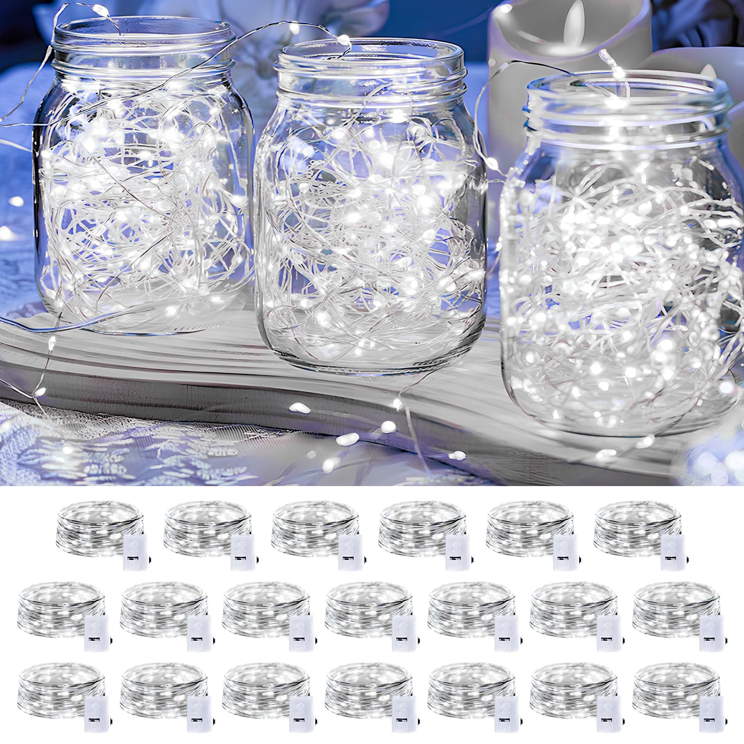 20 Pack LED Fairy Lights Battery Operated 7FT 20 LED Waterproof Mini Twinkle String Lights Battery Powered for Christmas Mason Jars Party Cool White