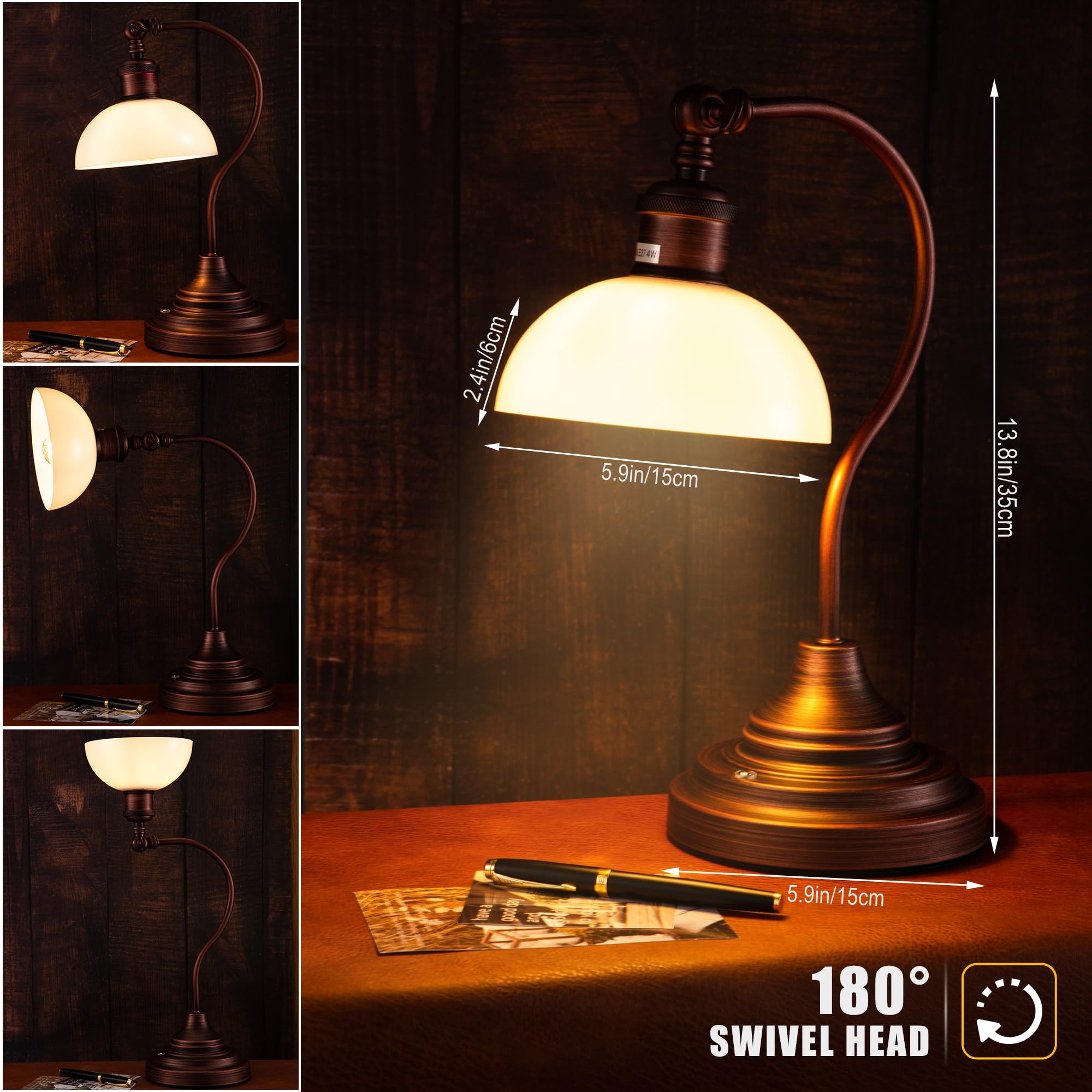 Anxingtools Cordless LED Table Lamp - Rechargeable, 3-Level Dimming, 180° Swivel Head, Oil Rubbed Bronze-White Glass, Model AN Table lamp 05
