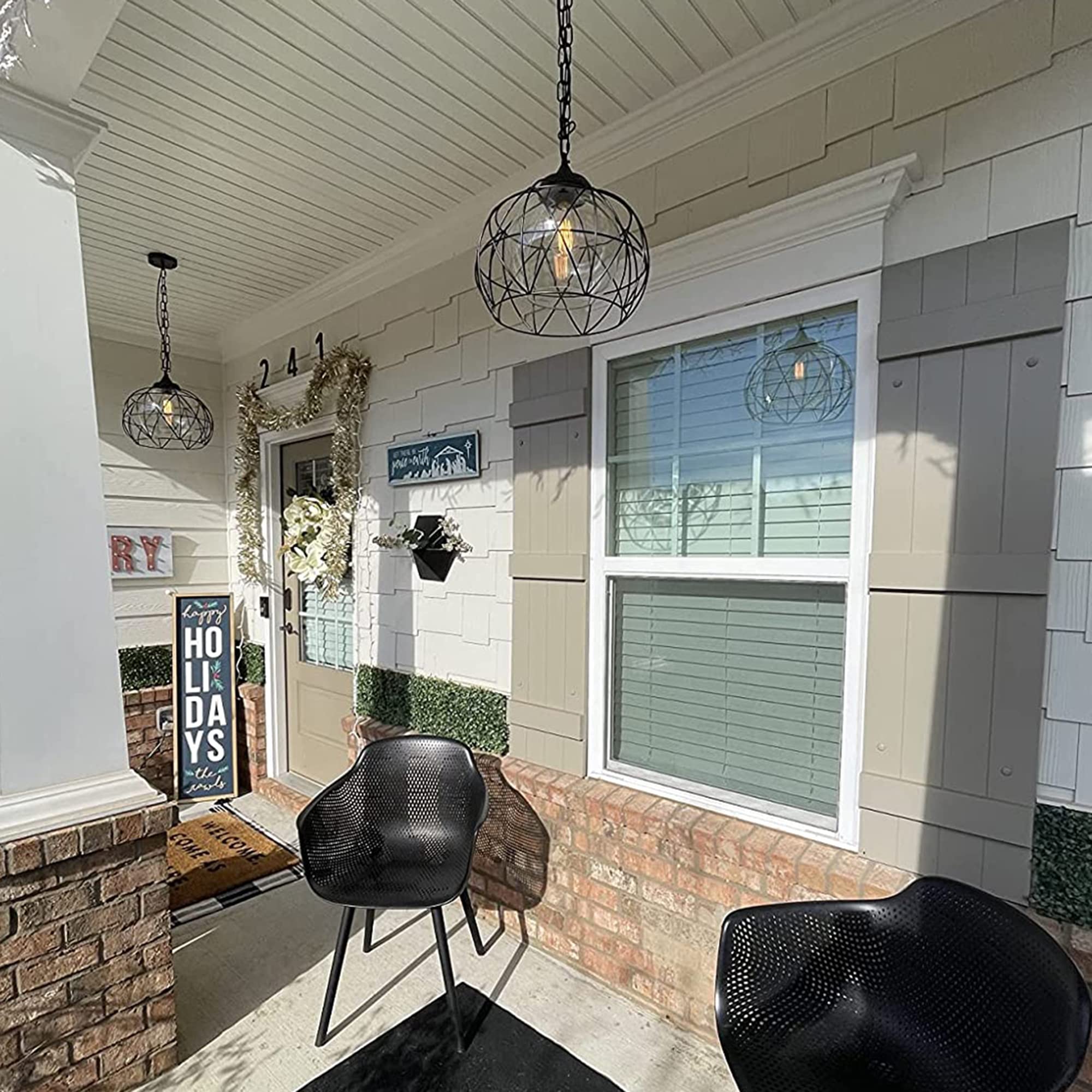 Wellmet 1-Light Outdoor Chandelier, 14.5 Inch Black Cage Pendant Lighting with Glass Shades for Dining Room, Bar, Hallway, Entryway