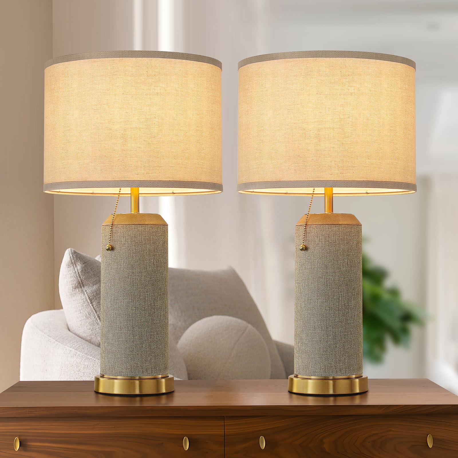 KAISITE Boho Bedside Table Lamps Set of 2, 22.4in Modern Metal Nightstand Lamps, Burlap Linen Shade, Model 8222LP-01YB-TB