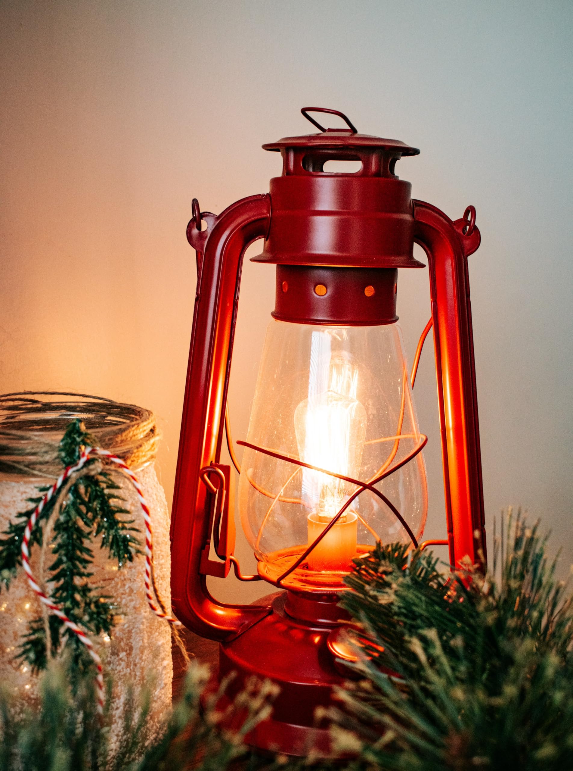 Muskoka Rustic Farmhouse Lantern Table Lamp, Dimmable Edison Bulb, Medium Body, Red, Model MUS113R, UL Listed